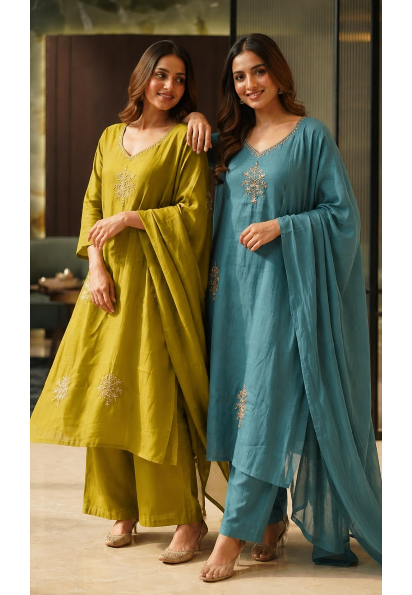 Surat Mul-Chanderi A-Line Full Suit Set with Tree-of-Life Zari Embroidery & Dupatta- 15301