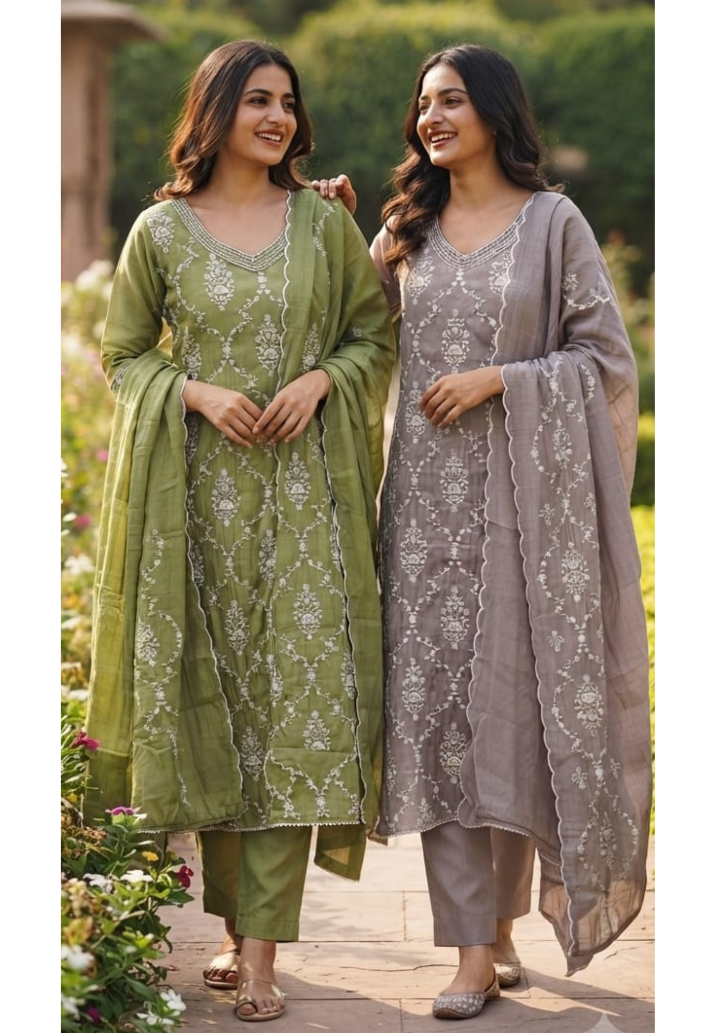 Patterned Thread Embroidery Foil Touch Neckline Surat Mul Chanderi Straight Full Suit Set With Dupatta- 15296
