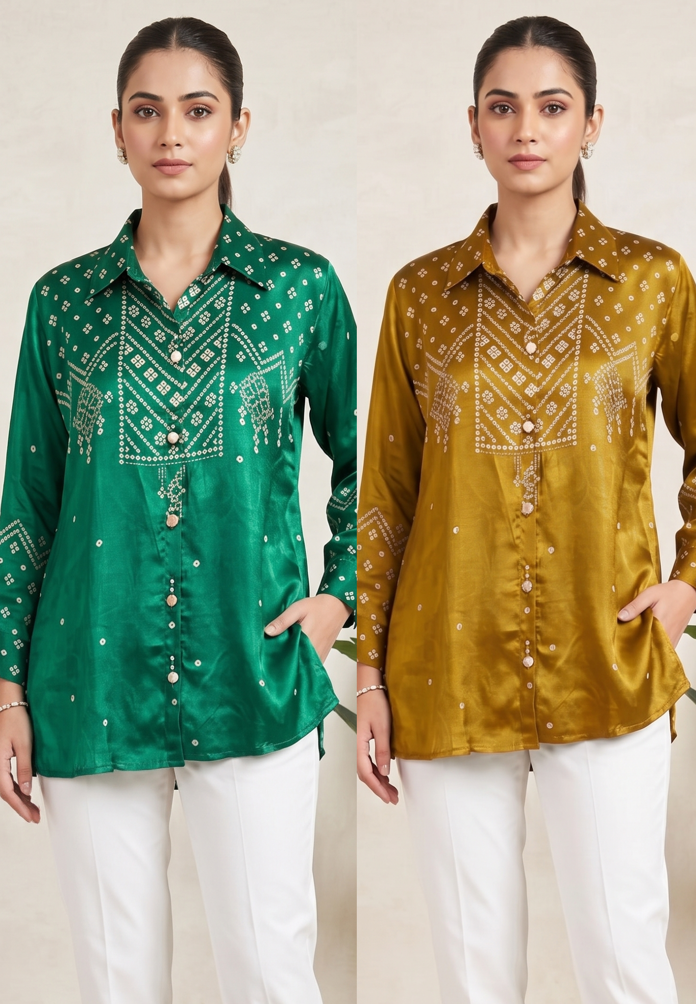 Pure Crepe Collared Bandhani Print Casual Wear Shirt- 14511