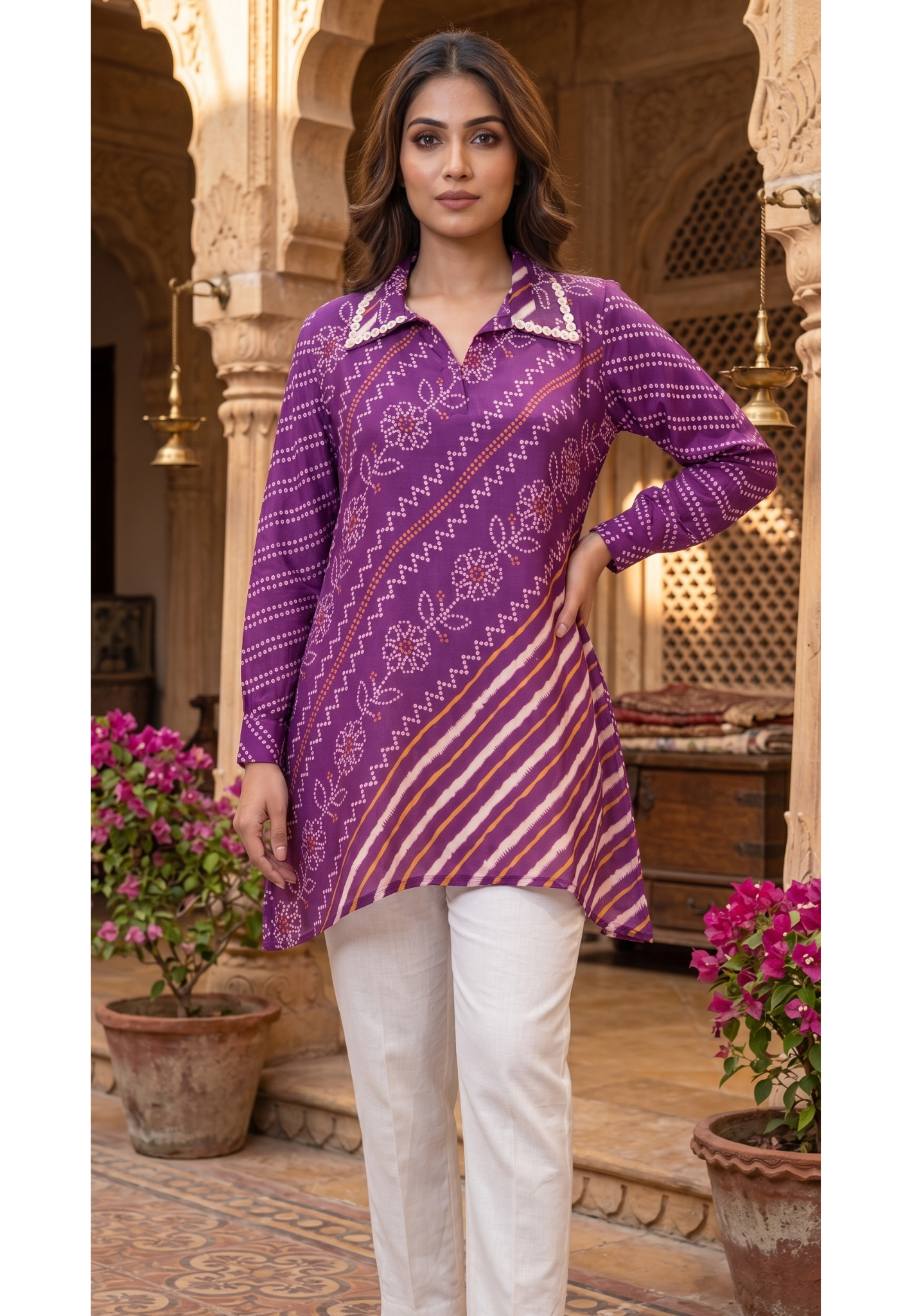 Women's Premium Purple Bandhani Floral Printed Soft Crepe Casual Shirt Top- 15114