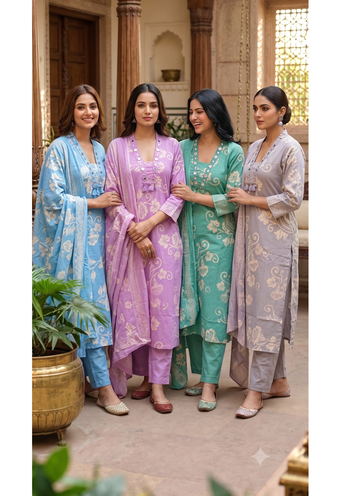 Ivory Blossom Elegance Noor Floral Printed Charm Cotton Full Suit Set With Dupatta- 15358