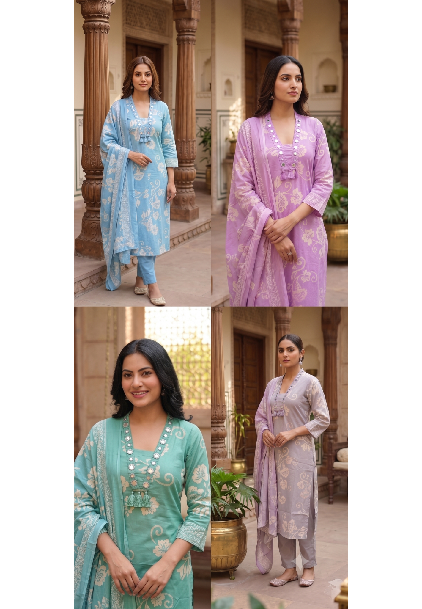 Ivory Blossom Elegance Noor Floral Printed Charm Cotton Full Suit Set With Dupatta- 15358
