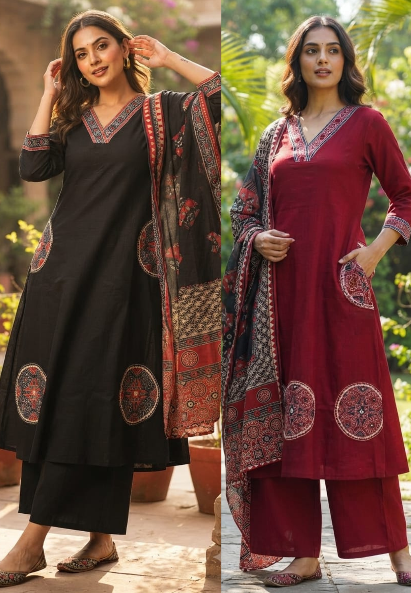 Elegant Midnight Bold V-Neck A-Line Surat Mul-Chanderi Full Suit Set with Statement Heritage Print Dupatta- 15163