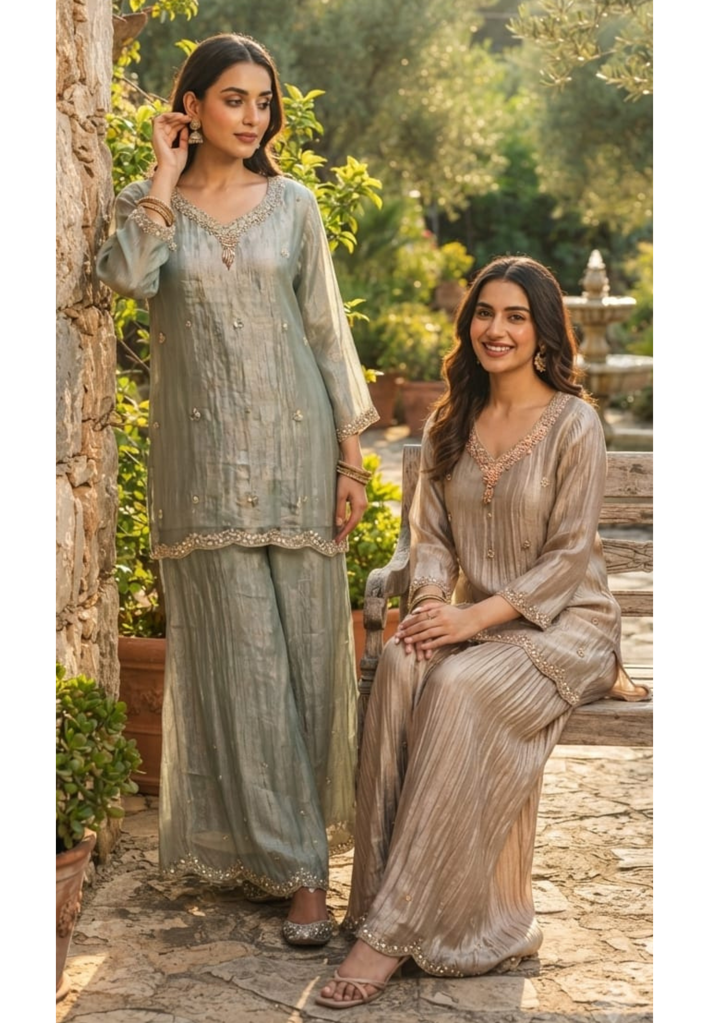 Scalloped V-Neck Metallic Tissue Real Mirror Ensemble Co-Ord Set- 15392