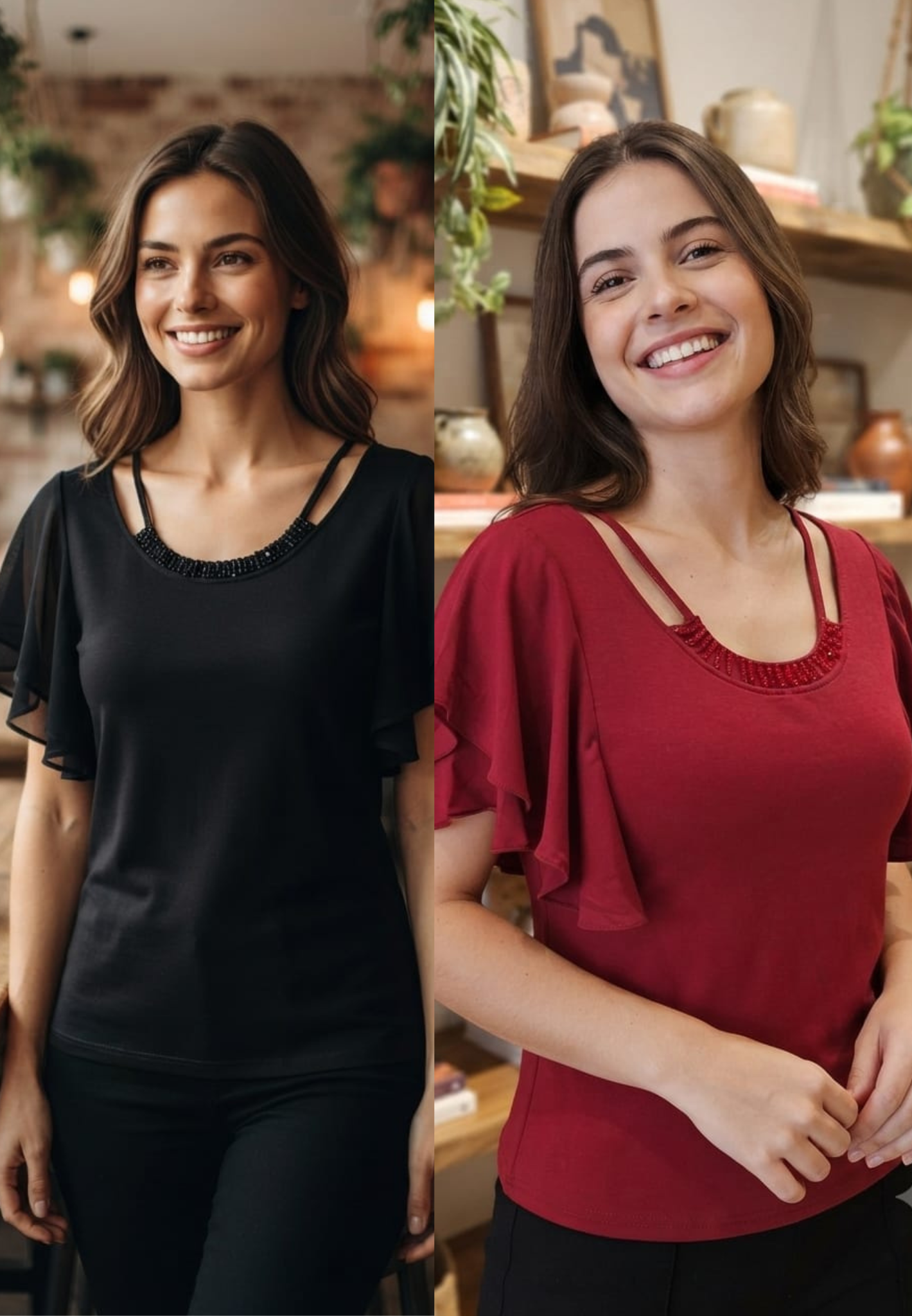 Elegant Flutter Sleeve Embellished Solid Imported Top- 15229
