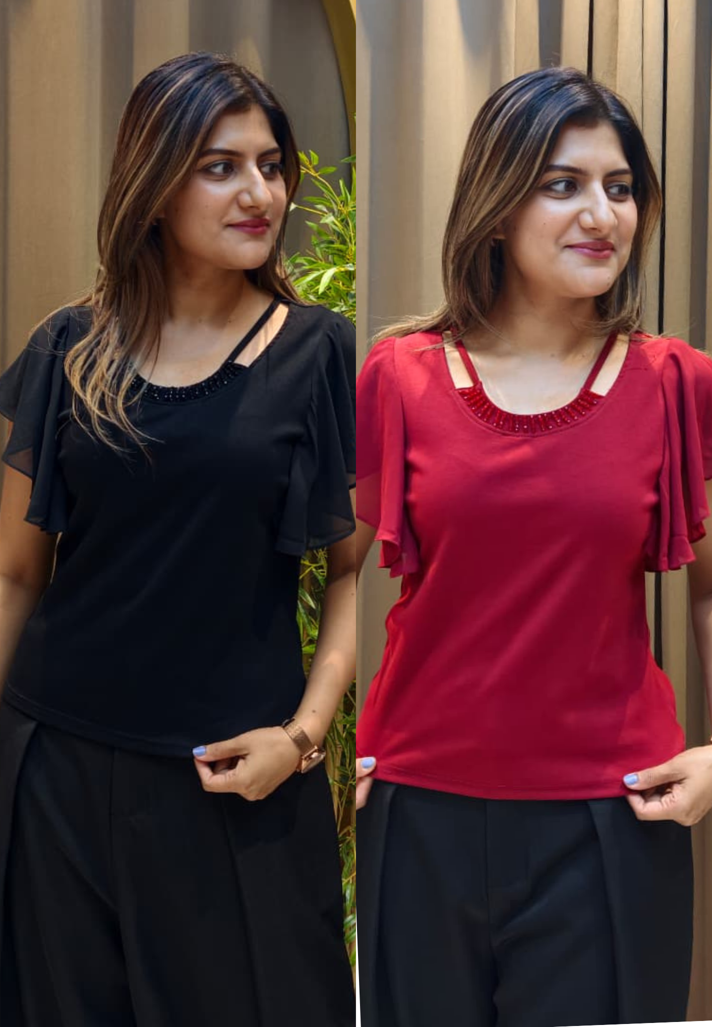Elegant Flutter Sleeve Embellished Solid Imported Top- 15229
