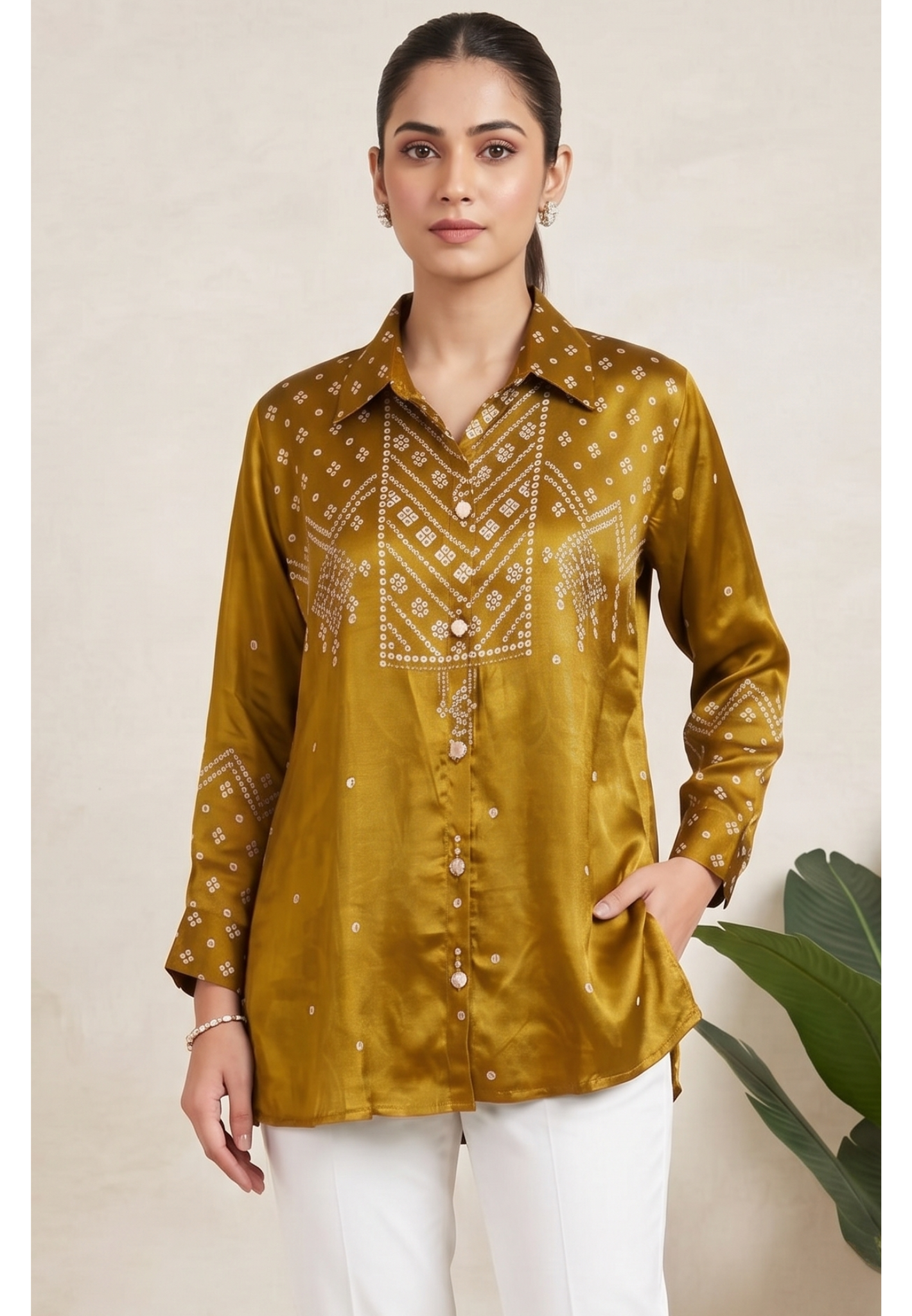 Pure Crepe Collared Bandhani Print Casual Wear Shirt- 14511 (Lean Fit)