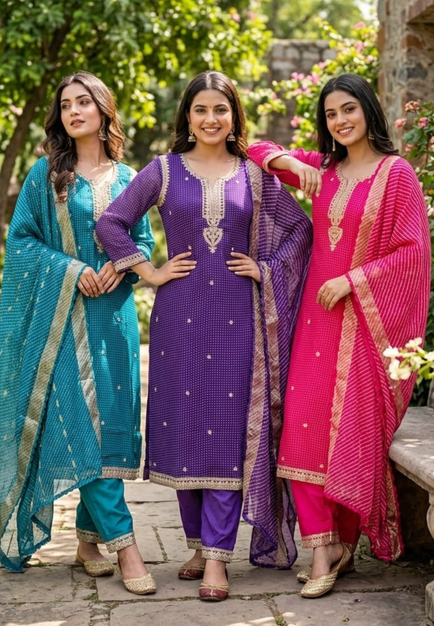 Dotted Bandhej Print Zardosi Neckline Poly Georgette Full Suit Set With Dupatta- 15331