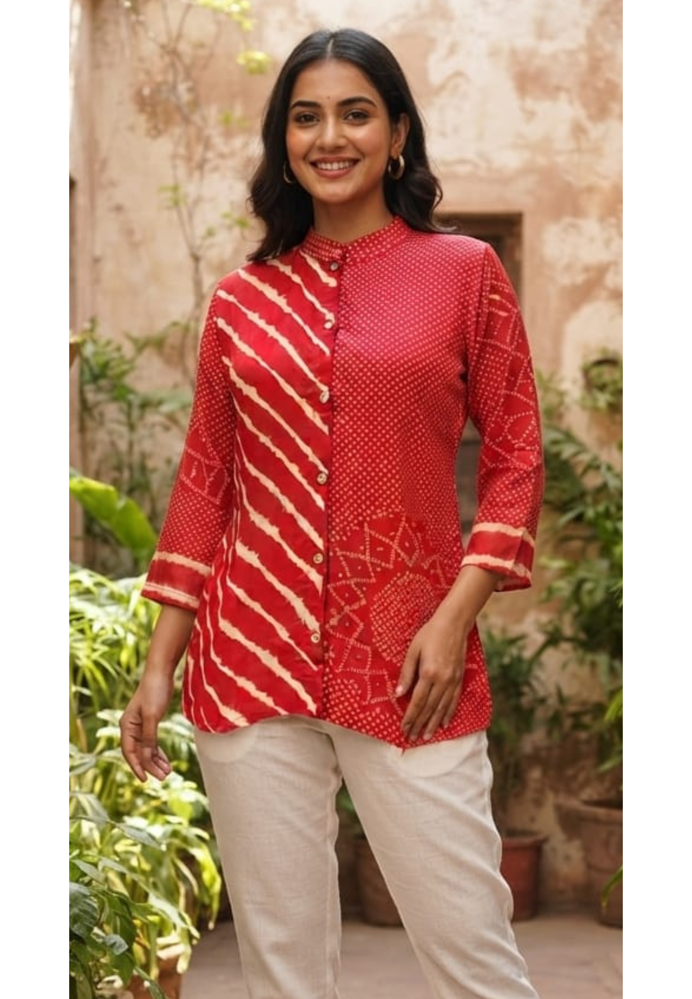 Vibrant Striped Bandhej Print Causal Wear Crepe Shirt- 15348 (Lean Fit)