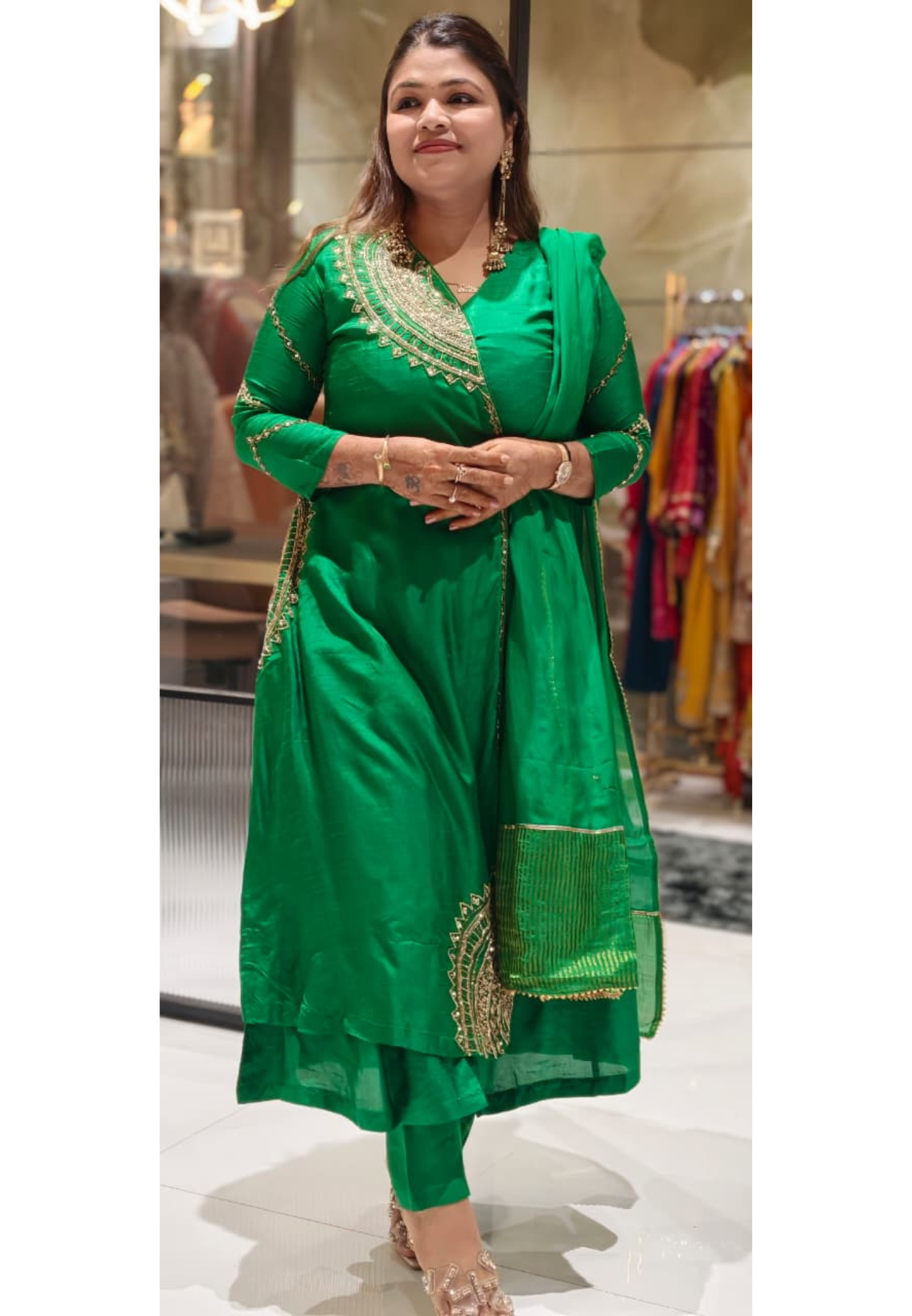 Half Phased Embroidered Angrakha Style A-Line Russian Silk Full Suit Set with Dupatta- 15324