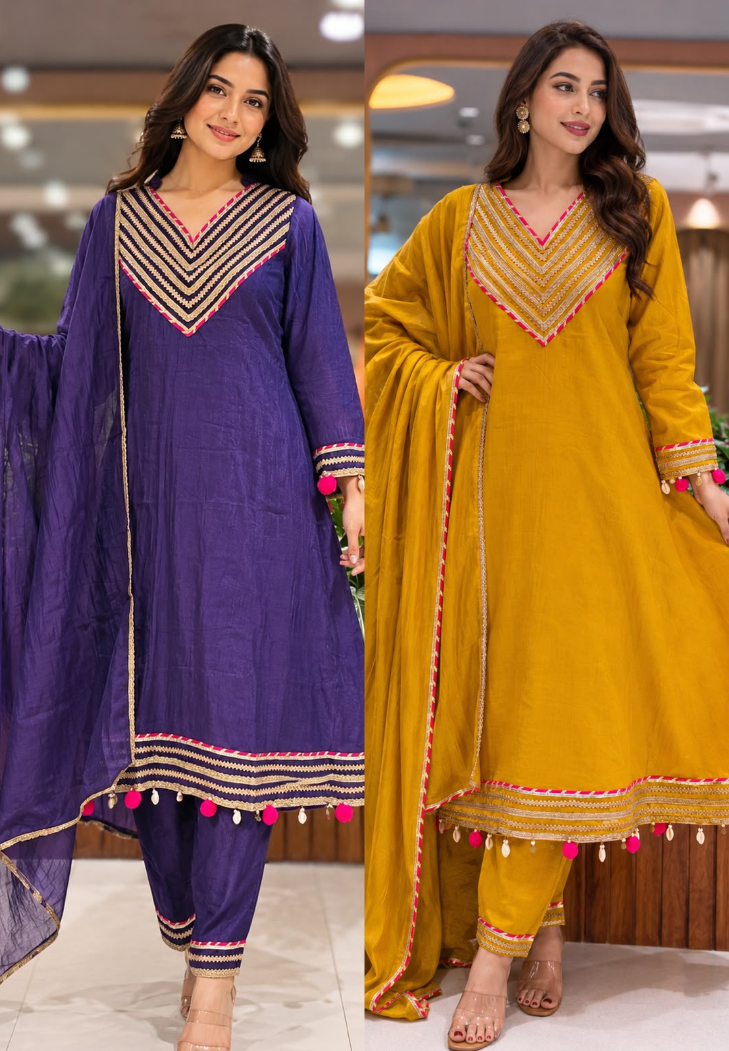 Festive Gota Patti A-Line Mul-Chanderi Full Suit Set with Scalloped Dupatta & Pom Pom Tassel- 15394