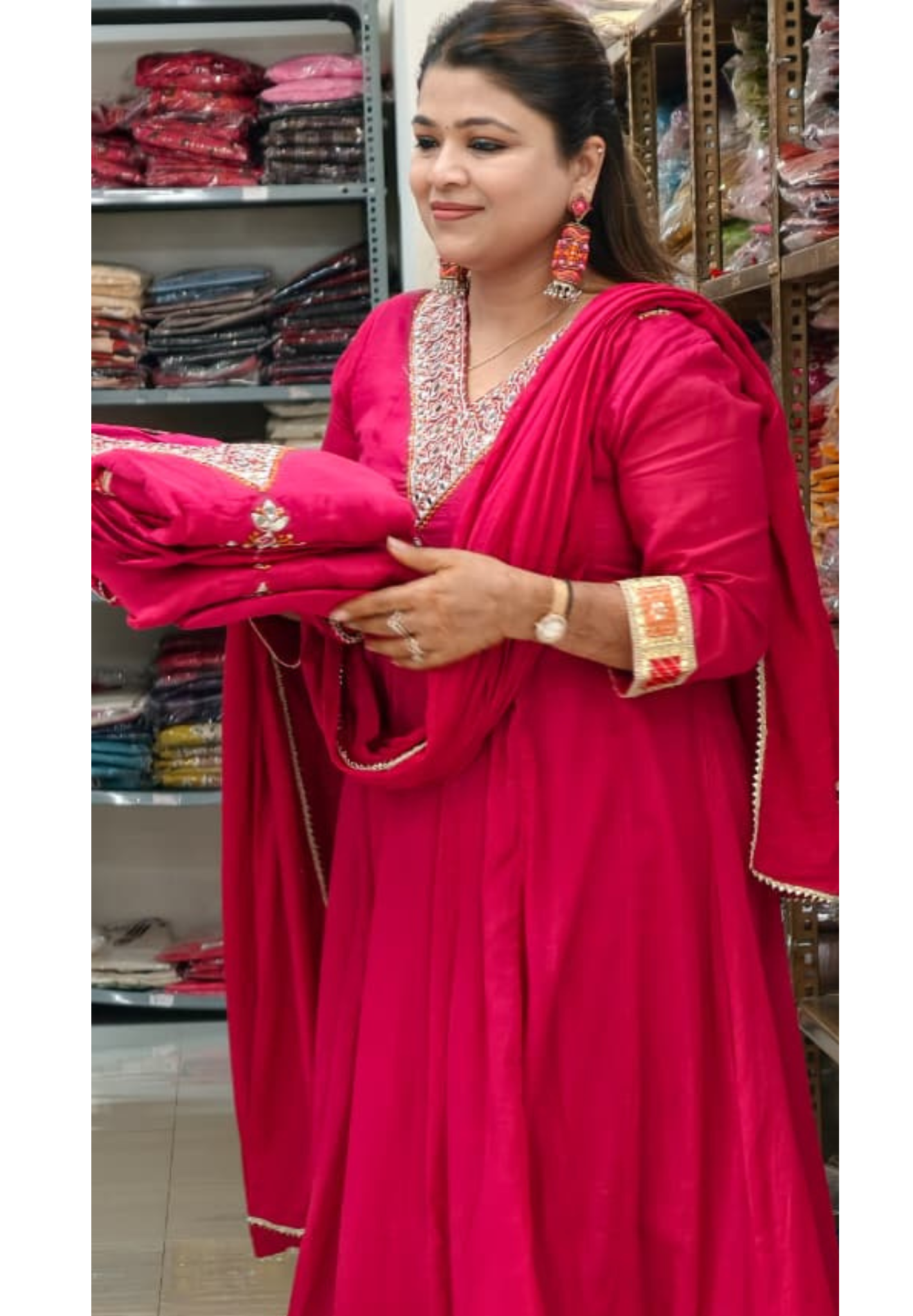 Vibrant Maroon Real Mirror V-Neck Embroidered Mul-Cotton Panel Anarkali Full Suit Set With Dupatta- 15324