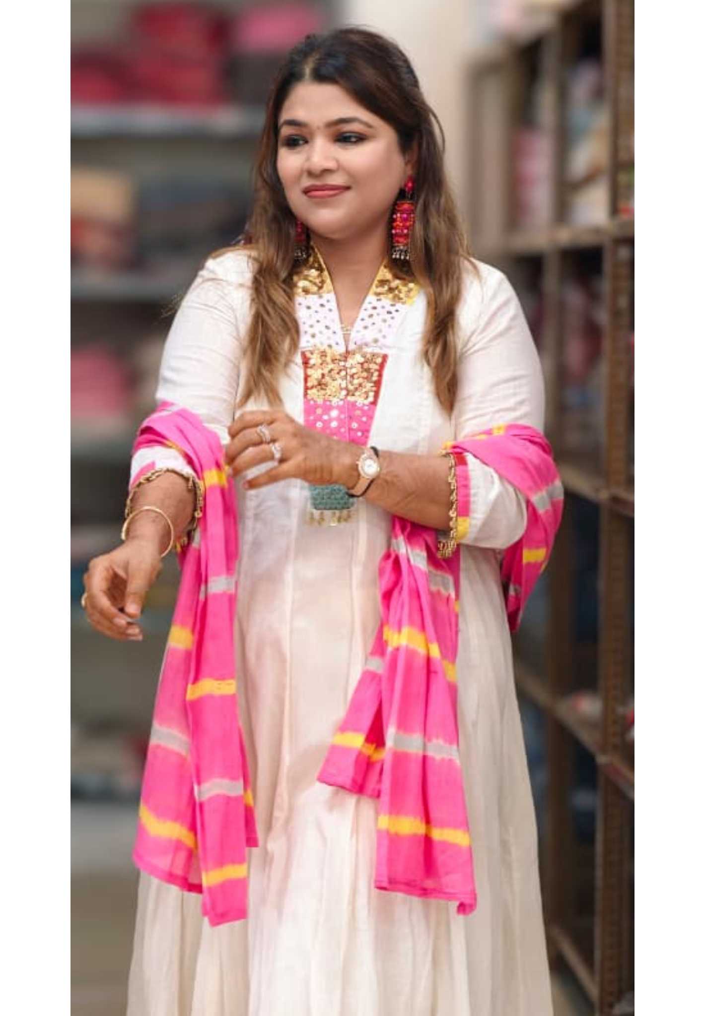 Classic Ivory White Multicolor Rajasthani Embellished V-Neck Mul-Cotton Anarkali Full Suit Set With Dupatta- 15315