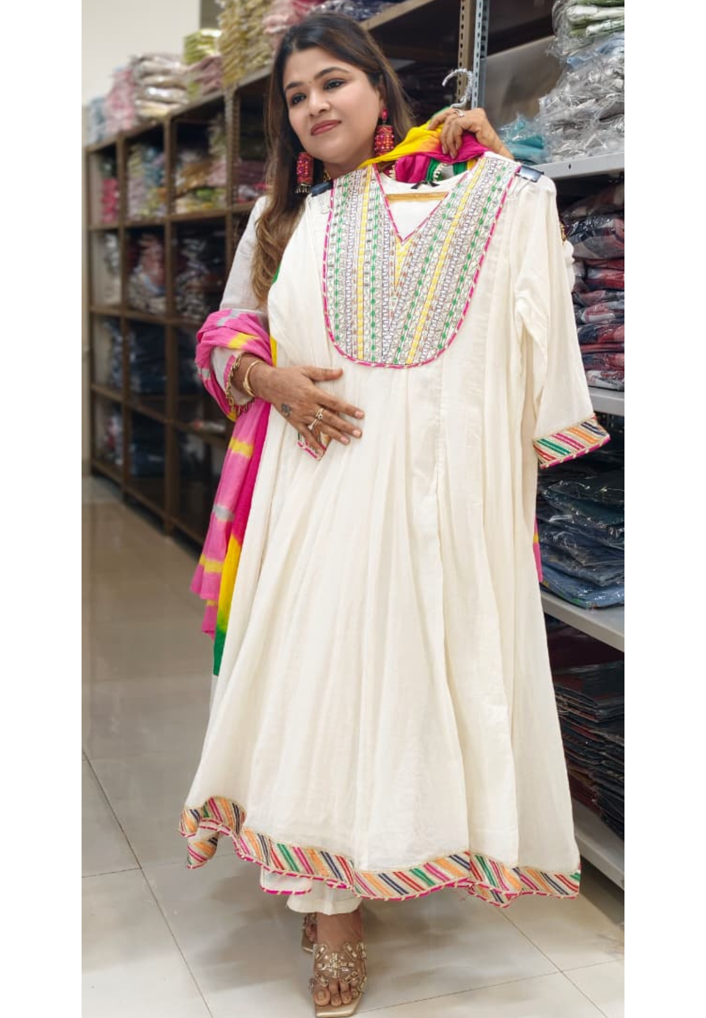 Classic Off-White Multicolor Yoke Mirror Work Ethnic Mul Cotton Panel Anarkali Full Suit Set With Dupatta- 15261