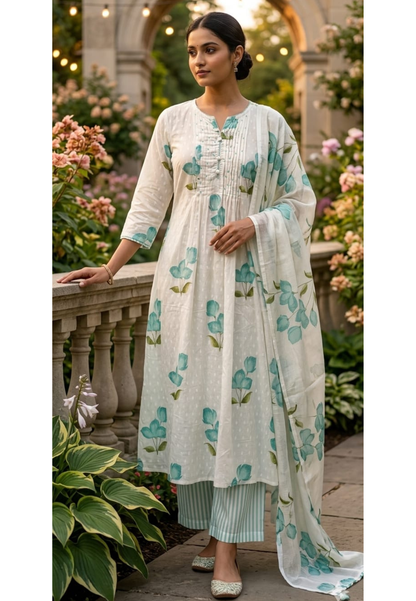Elegant Floral Blush Pleated Mul Cotton Printed A-Line Full Suit Set With Dupatta- 14673 RB413