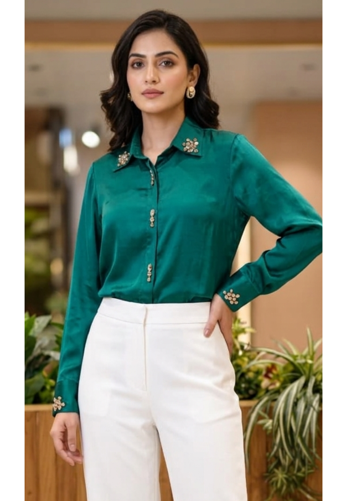 Emerald Satin Embellished Button-Down Butter Soft Satin Shirt- 14784