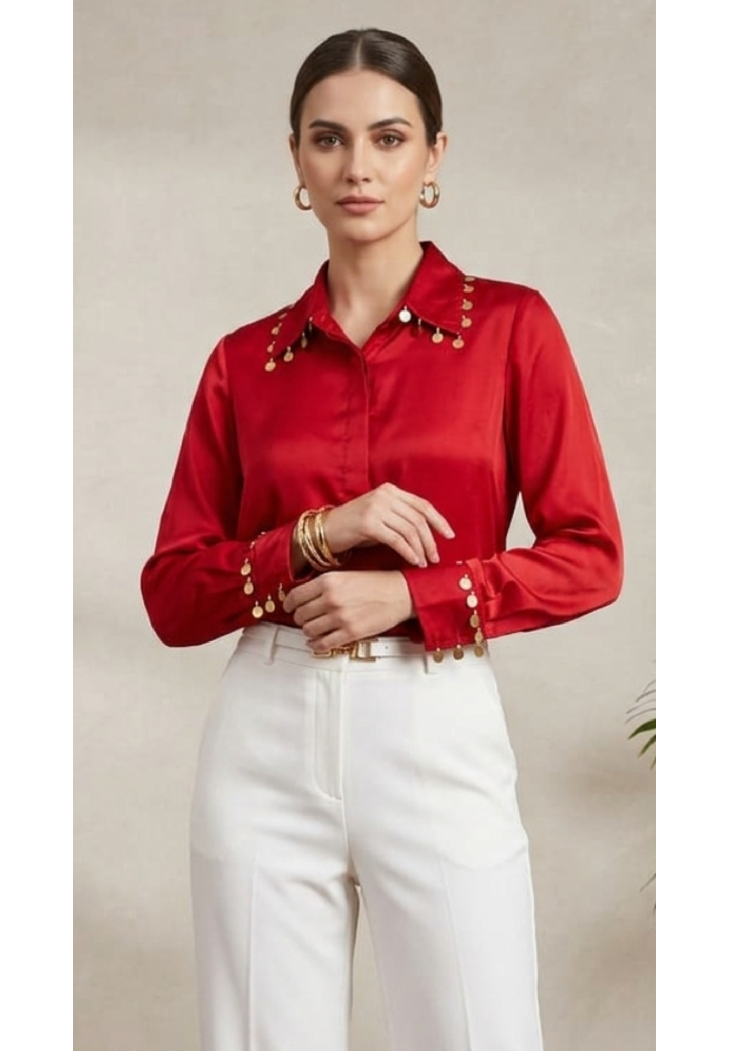 Elegant Crimson Satin Shirt with Gold Coin Embellishments- 14783
