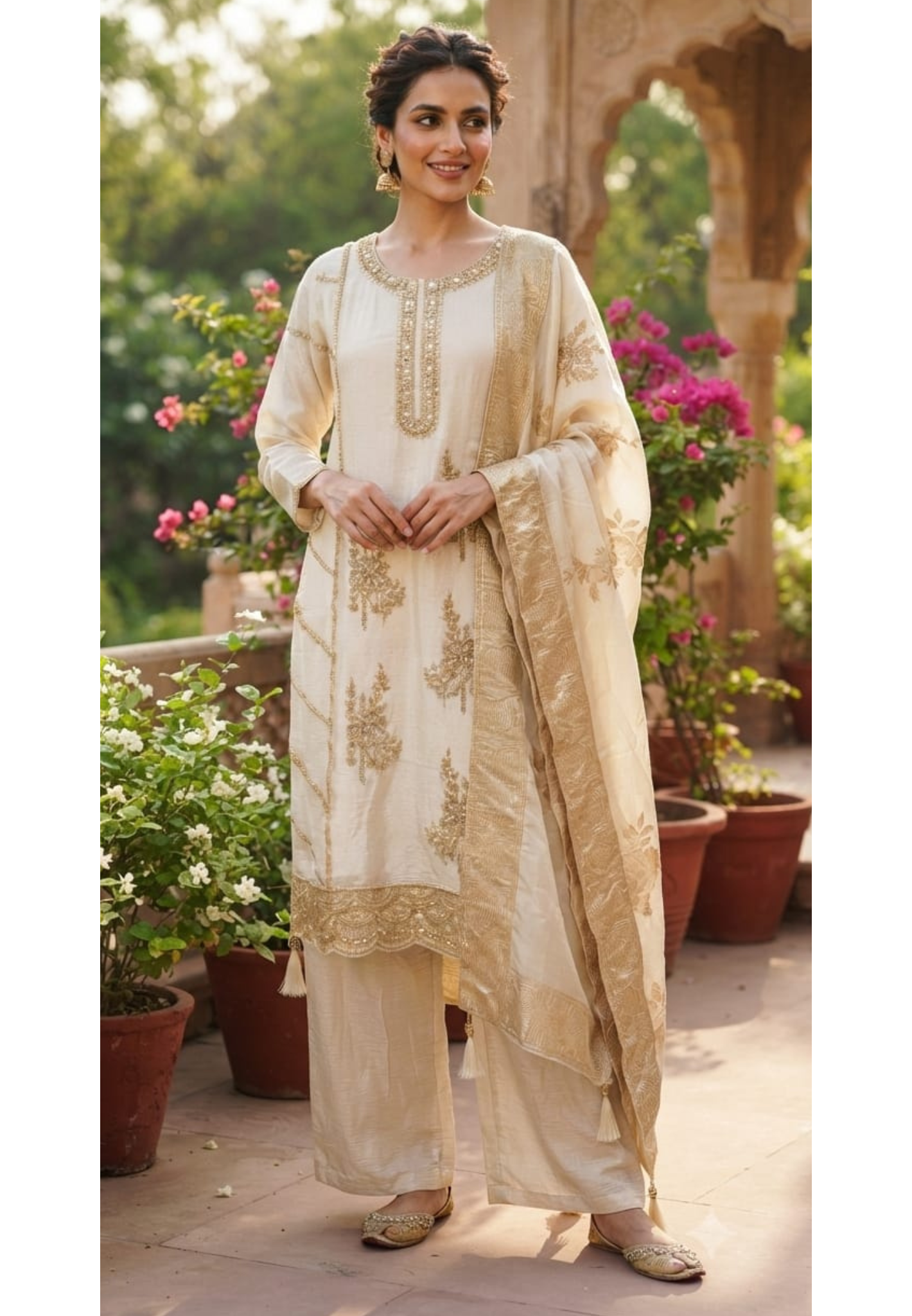 Ivory & Gold Elegant Embroidered Tissue Full Suit Set With Dupatta- 15305