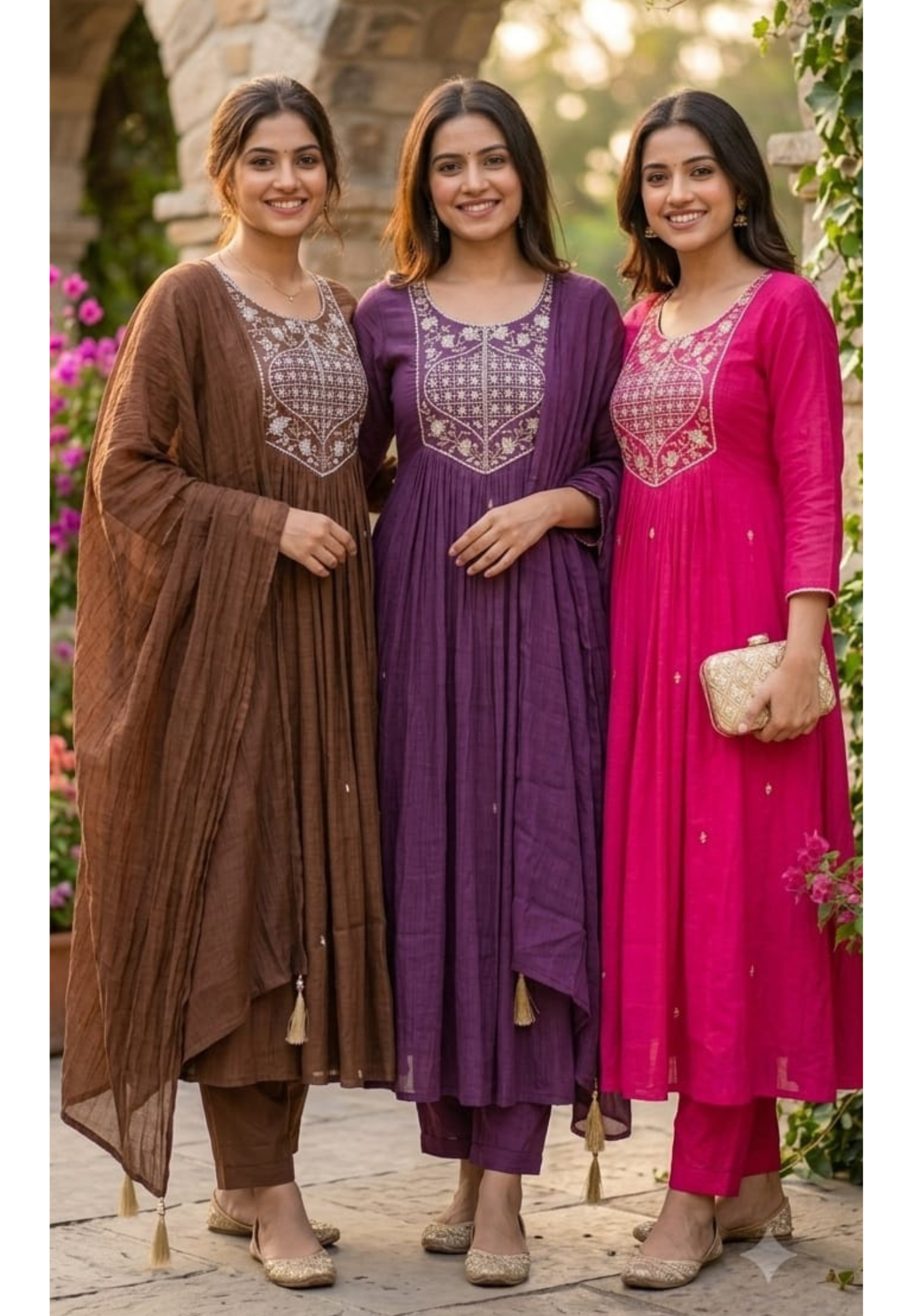 Tiny Pearl With Cut-Dana Embroidered Yoke Flared A-Line Crush Surat Mul-Chanderi Full Suit Set with Dupatta- 15422
