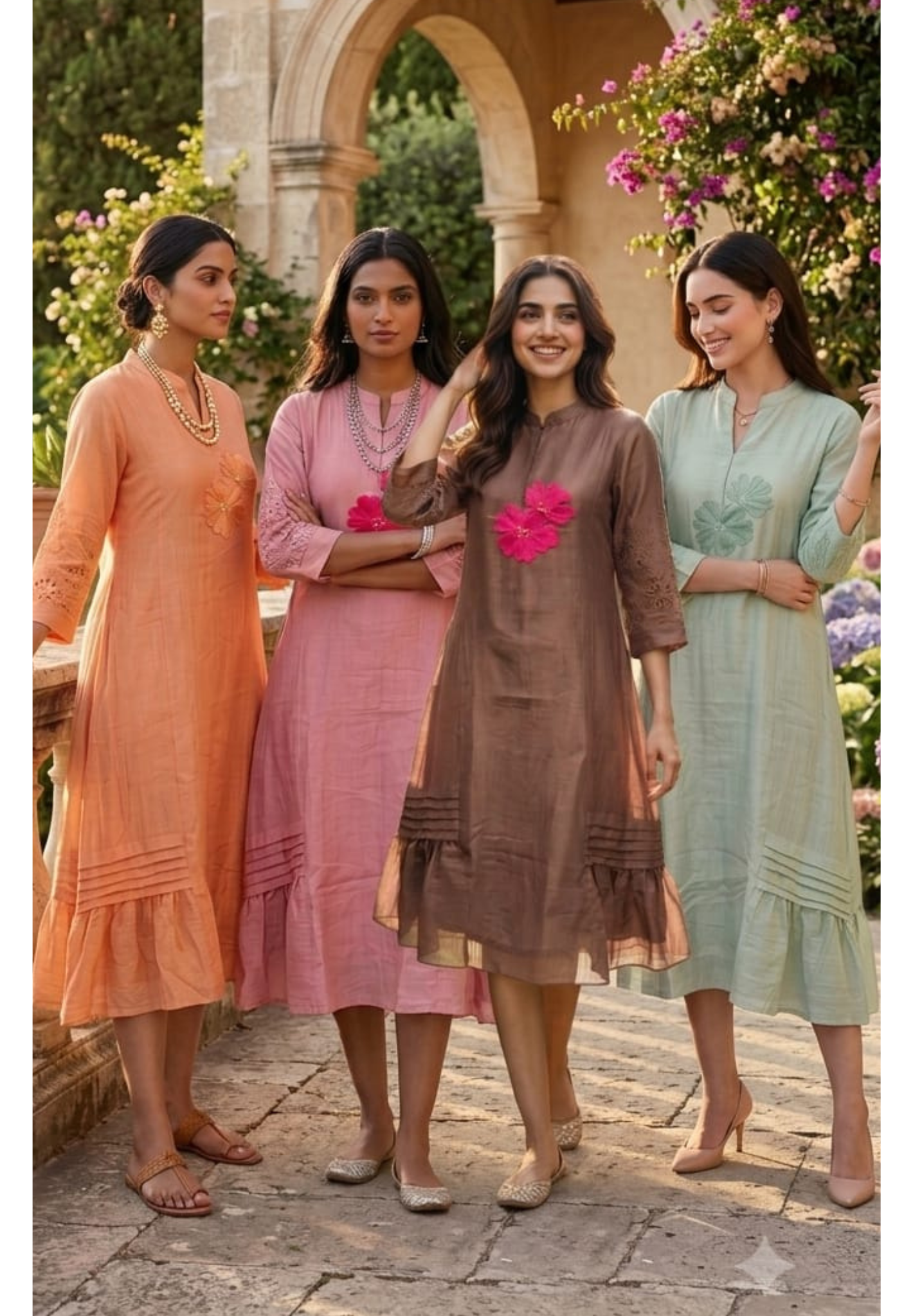 Mandarin Collar Ankle Length Mul-Chanderi Frock with 3D Floral Applique Yoke- 15421