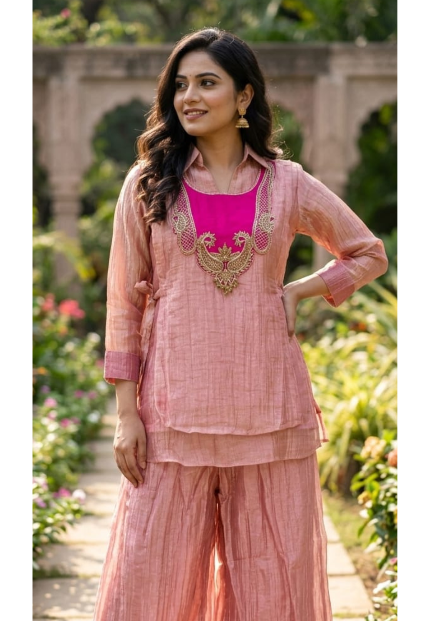 Premium Crush Tissue Mango Buti Embroidered Contrasted Yoke Overlay Co-Ord Set-