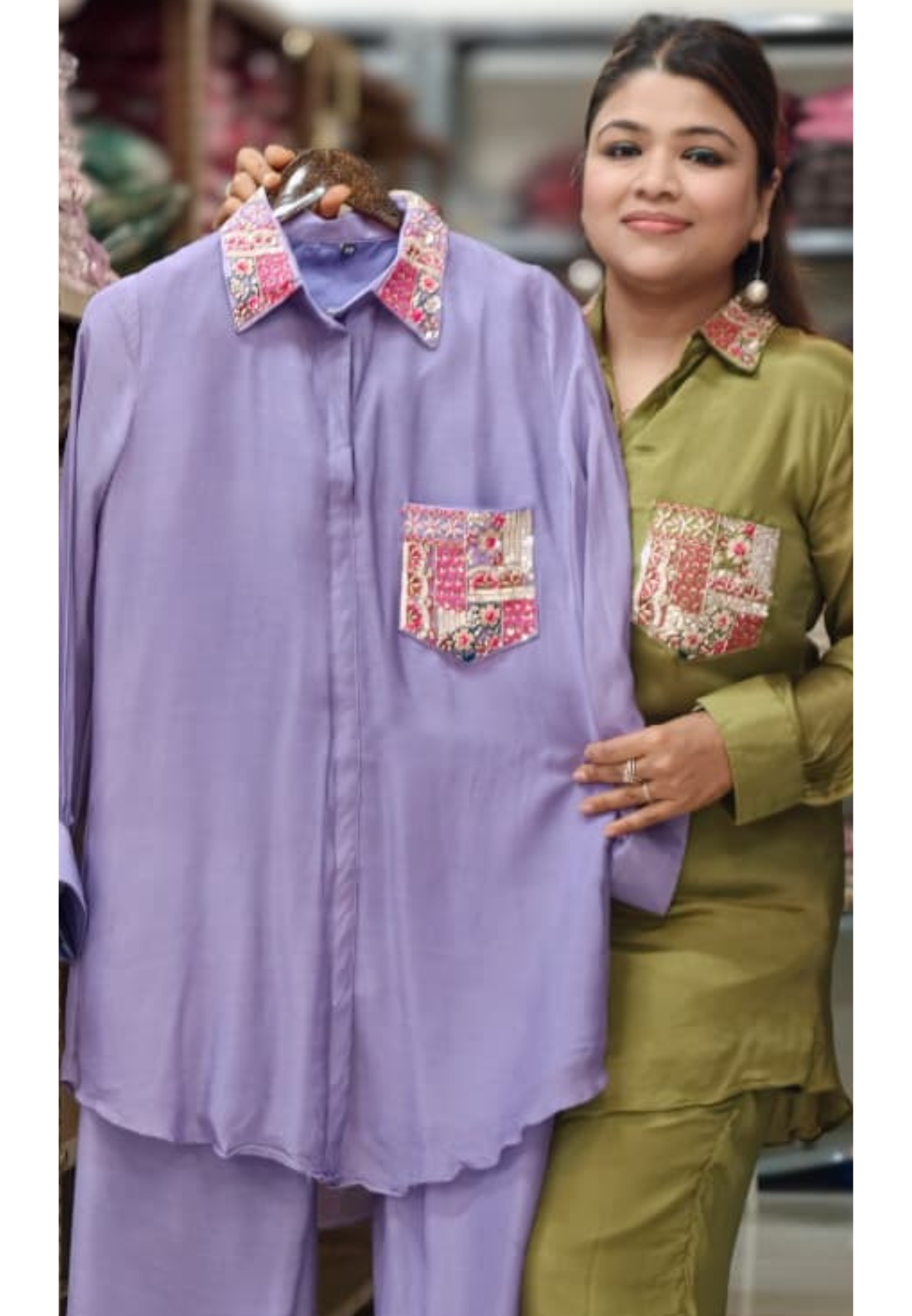 Premium Chinon Multicolor Boho Collar With Pocket Co-Ord Set- 15364