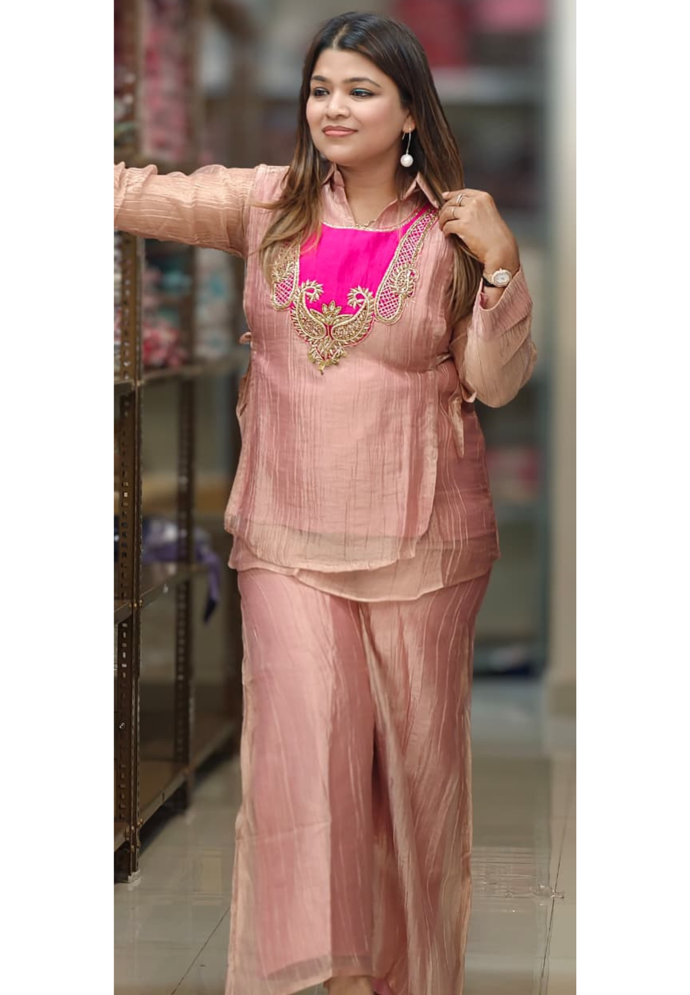 Premium Crush Tissue Mango Buti Embroidered Contrasted Yoke Overlay Co-Ord Set-15328