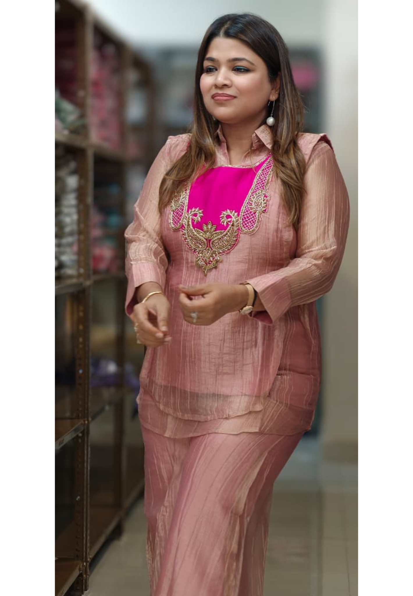 Premium Crush Tissue Mango Buti Embroidered Contrasted Yoke Overlay Co-Ord Set-15328