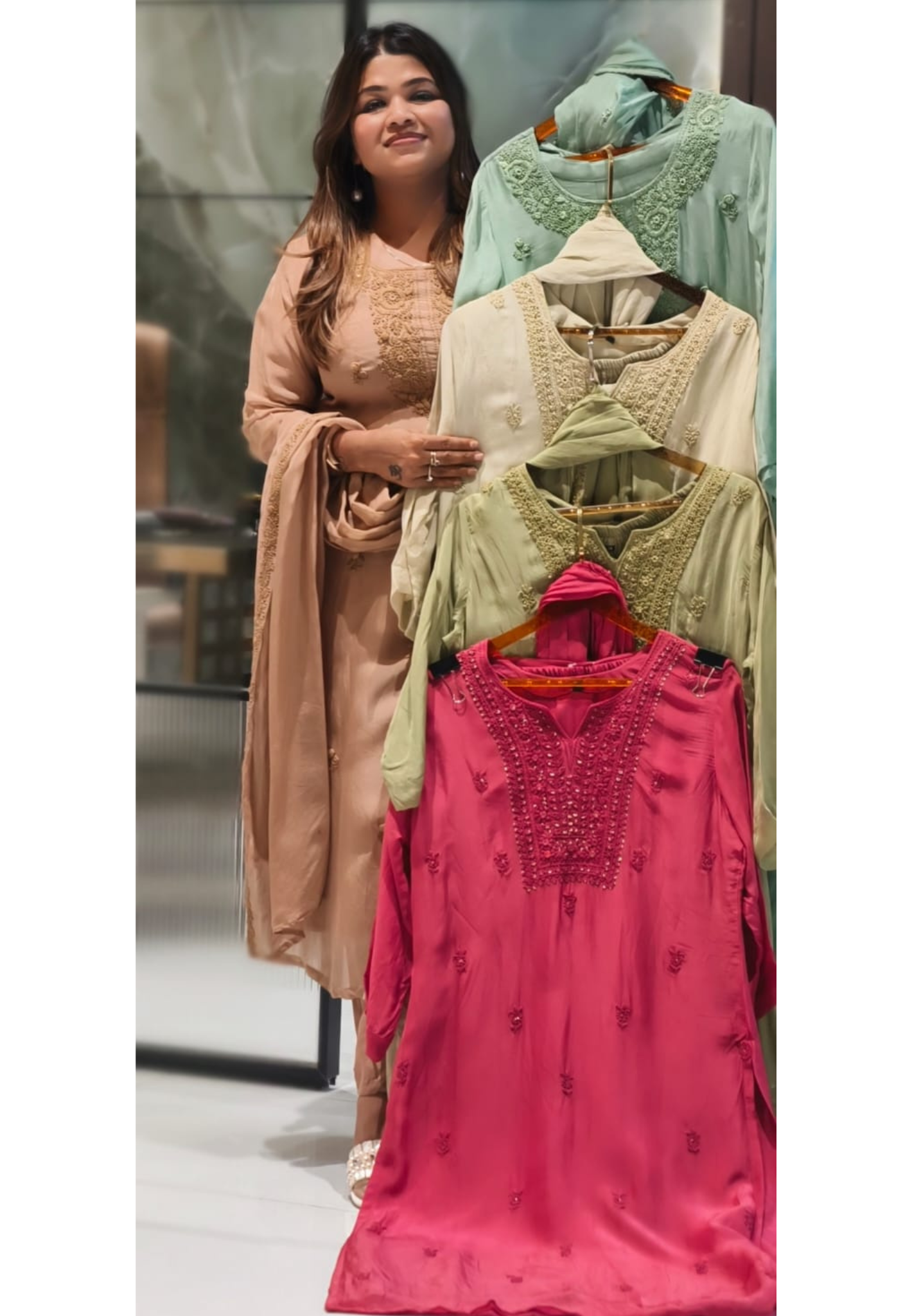 Foil Mirror Detailing Chikankari Embroidered Yoke Solid Organza Full Suit Set With Dupatta- 15376