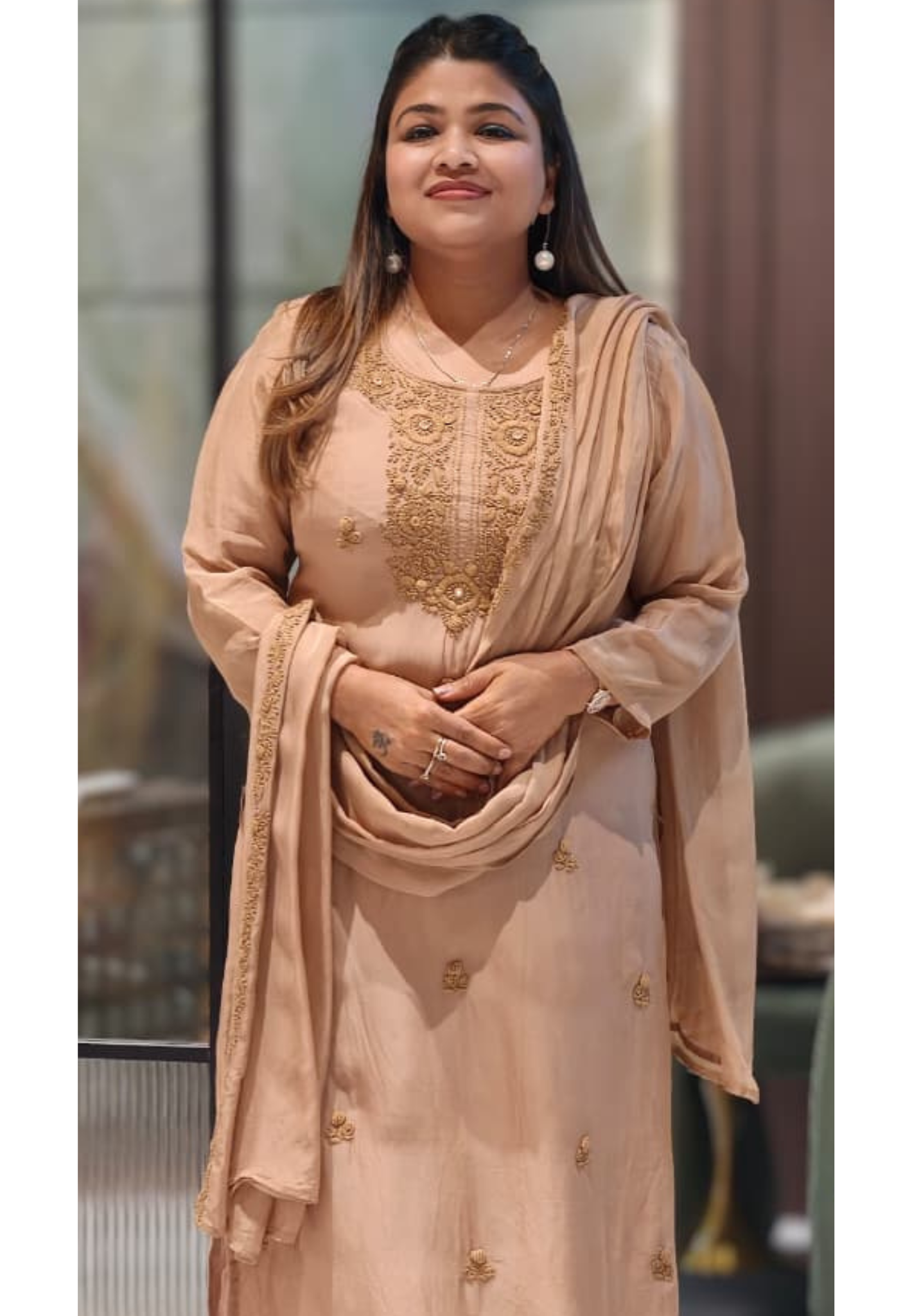 Foil Mirror Detailing Chikankari Embroidered Yoke Solid Organza Full Suit Set With Dupatta- 15376