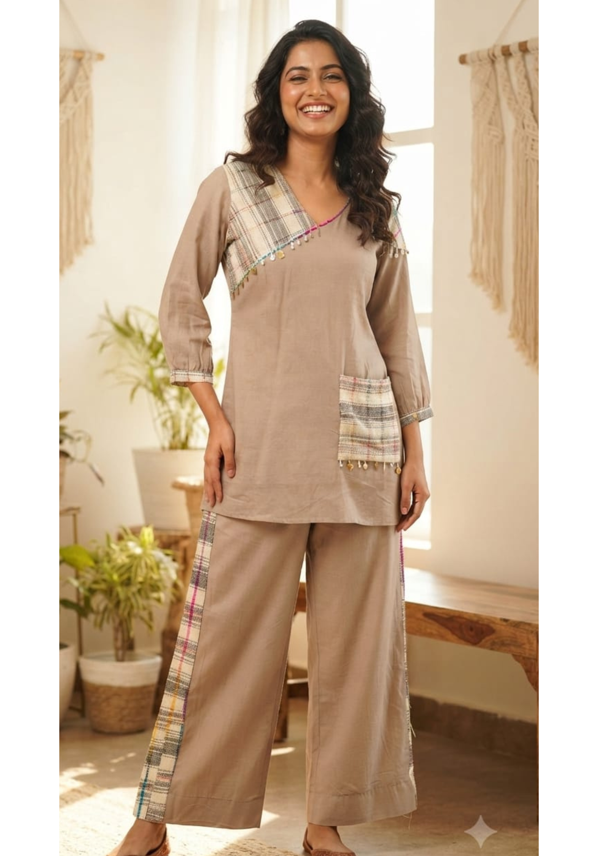 Jute Embossed Tassel Accent Tribal Inspired Co-Ord Set- 14853