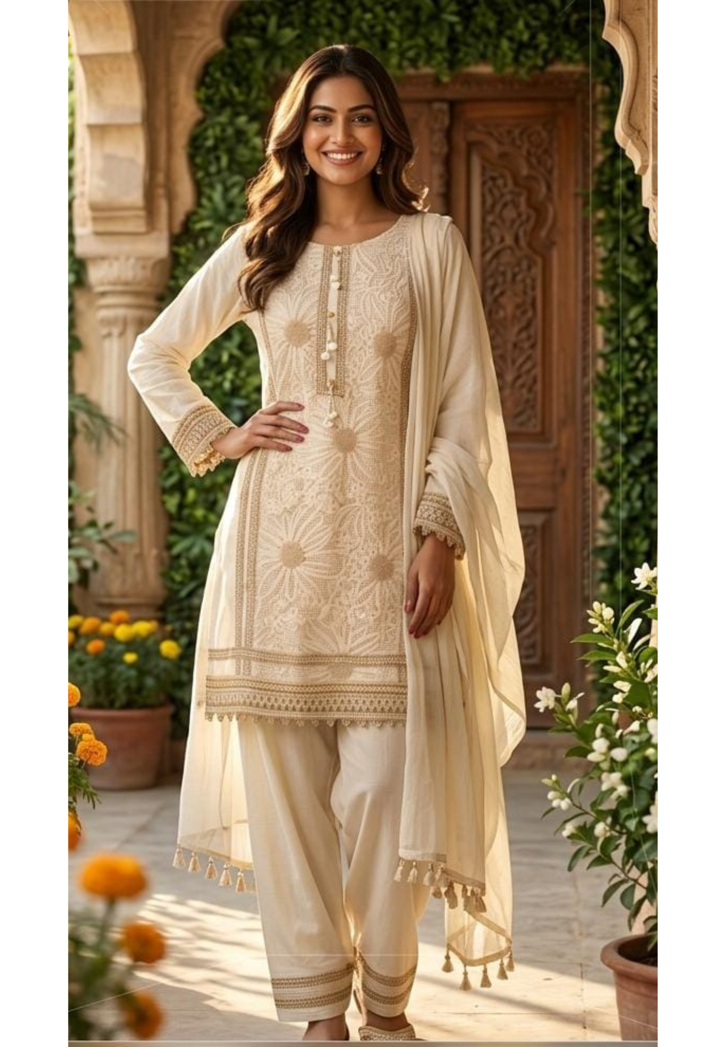 Ivory Floral Cutwork Embroidered 3-Piece Full Suit Set with Seashell Accents -14898