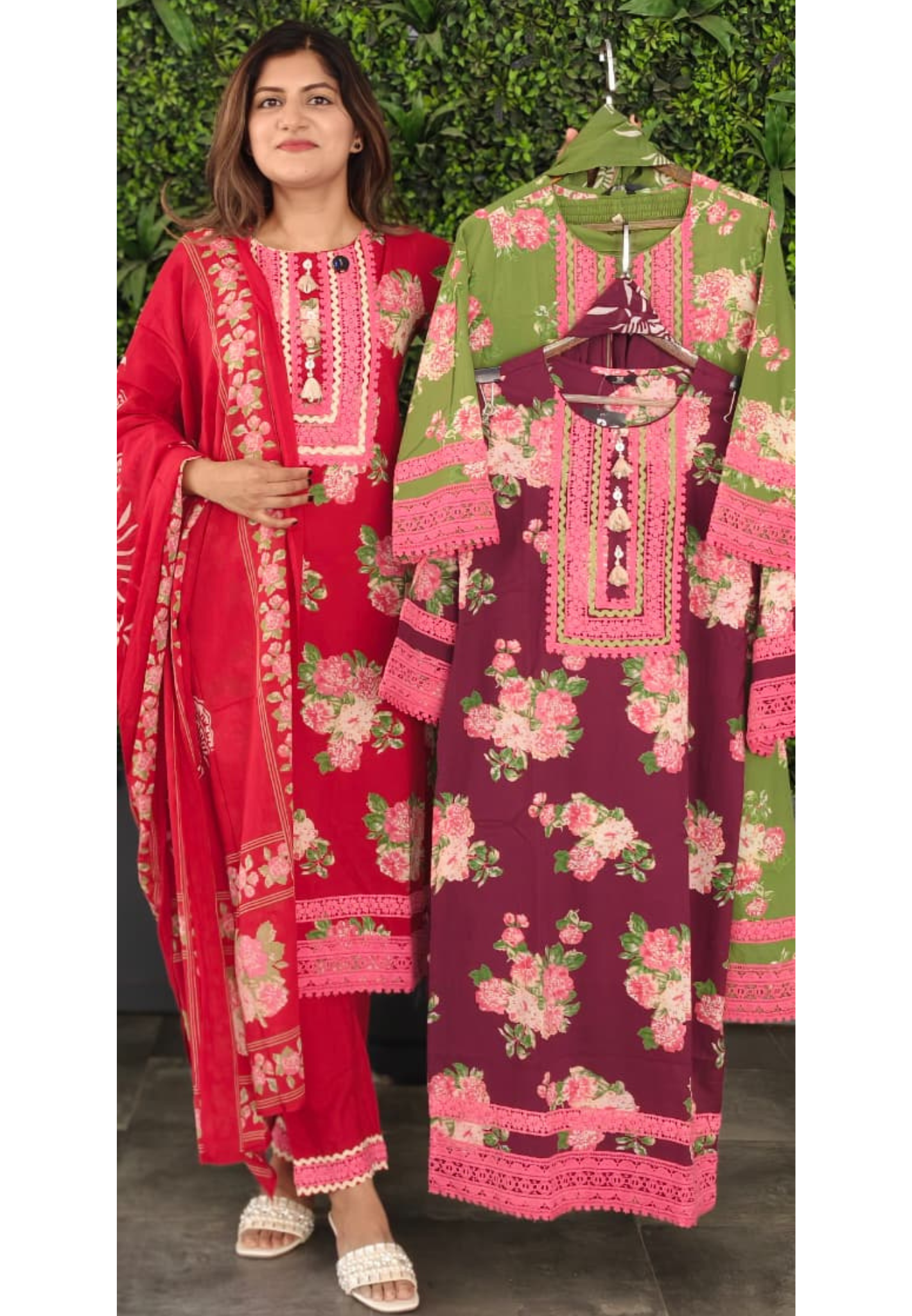 Crosia Lace Detailing Floral Printed Cotton Full Suit Set With Dupatta- 15262