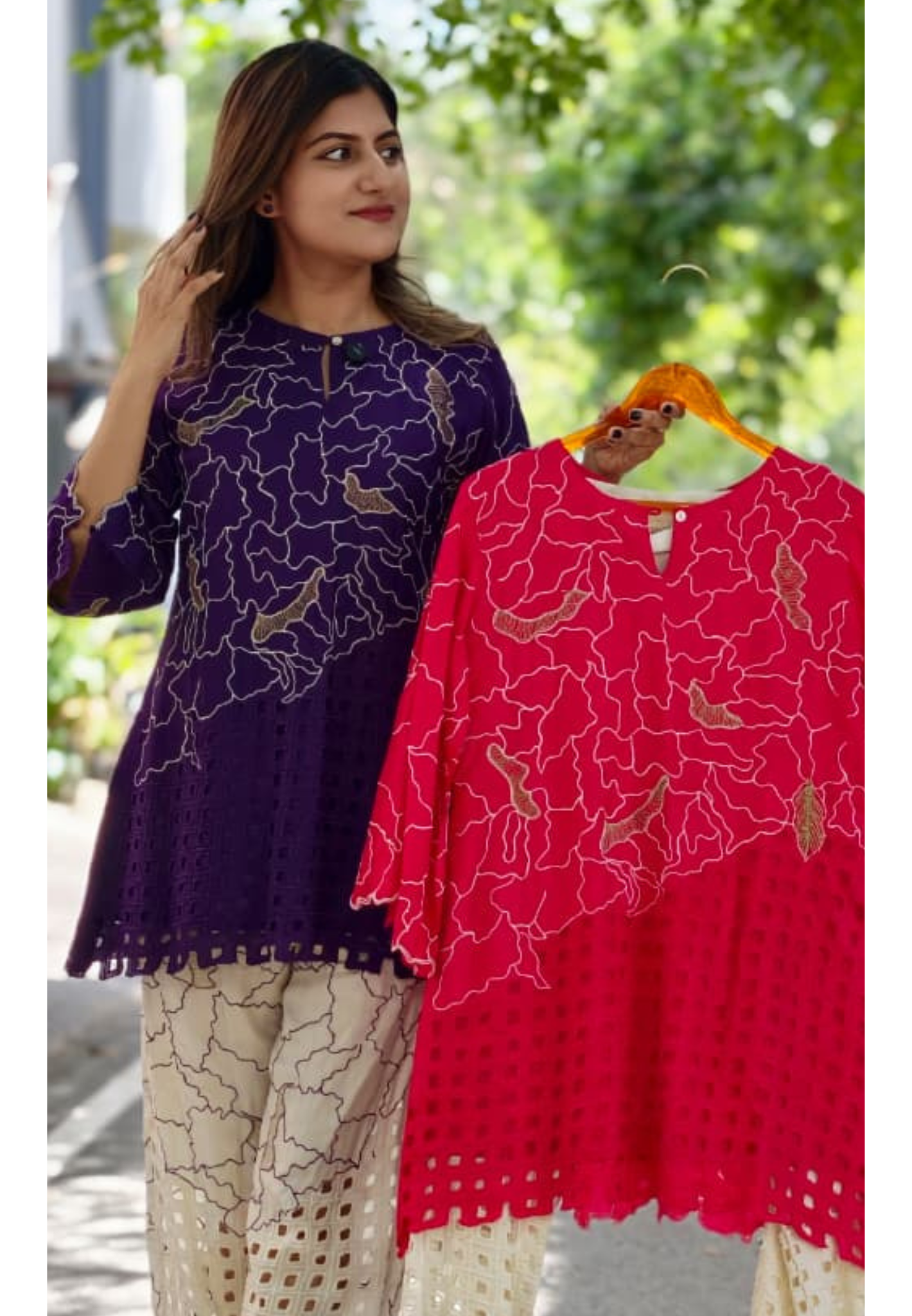 Contemporary Abstract Embroidered with Geometric Cutwork Russian Silk Co-Ord Set- 15224
