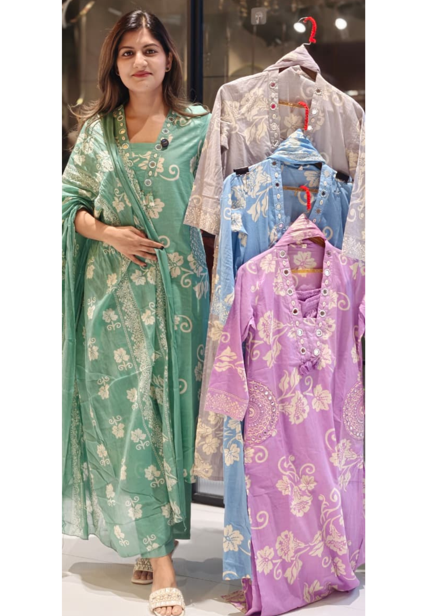 Ivory Blossom Elegance Noor Floral Printed Charm Cotton Full Suit Set With Dupatta- 15358