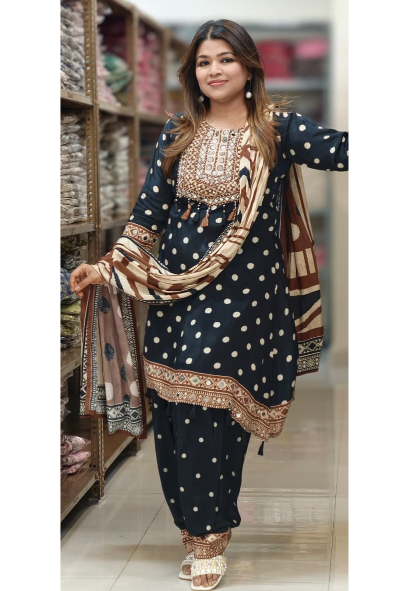 Boho Chich Tribal Inspired Multicolor Print Crepe Full Suit Set With Dupatta & Farsi Bottom- 15417, 15120