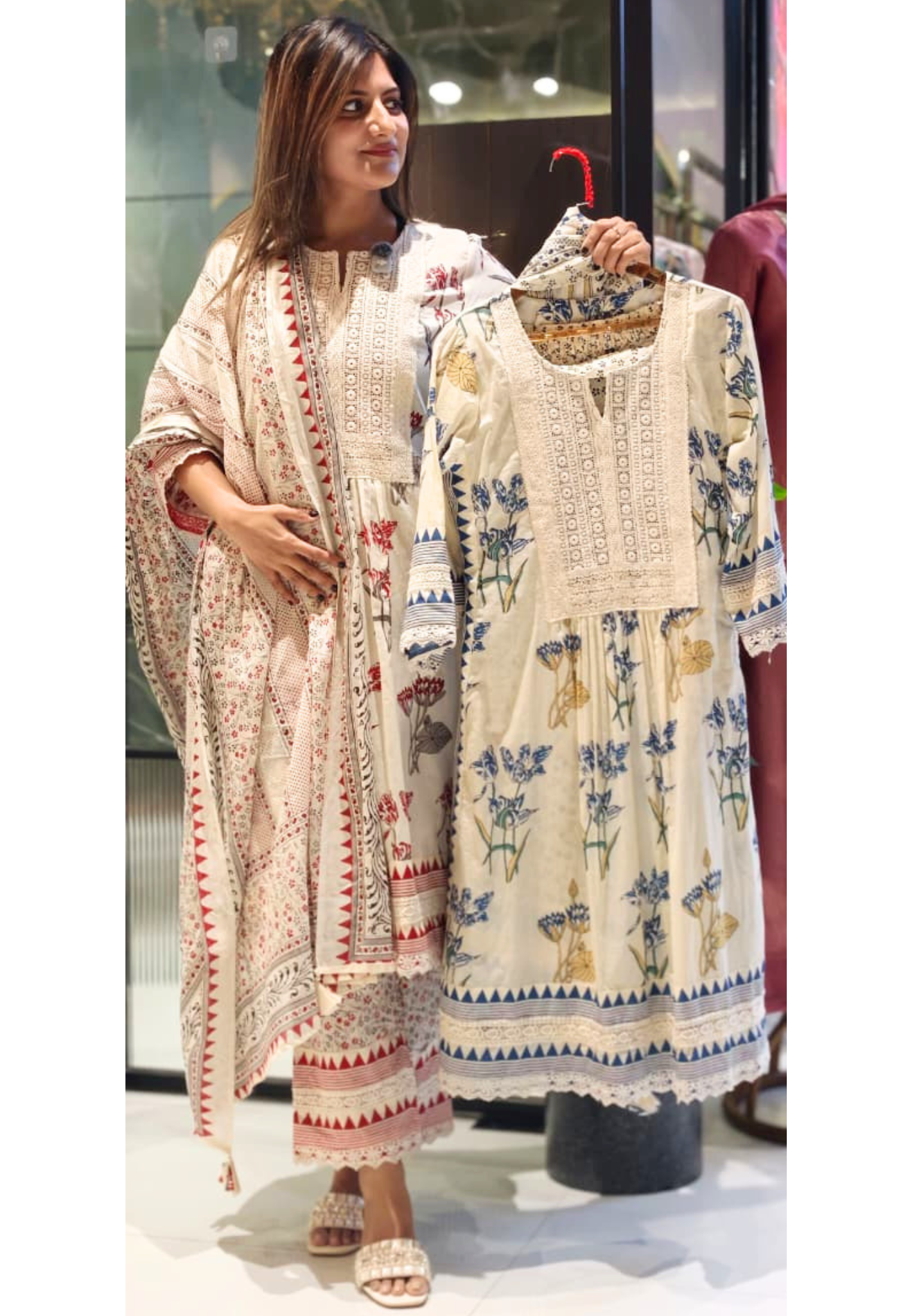 Floral Printed Lace Detailing A-Line Cotton Full Suit Set With Dupatta-15407