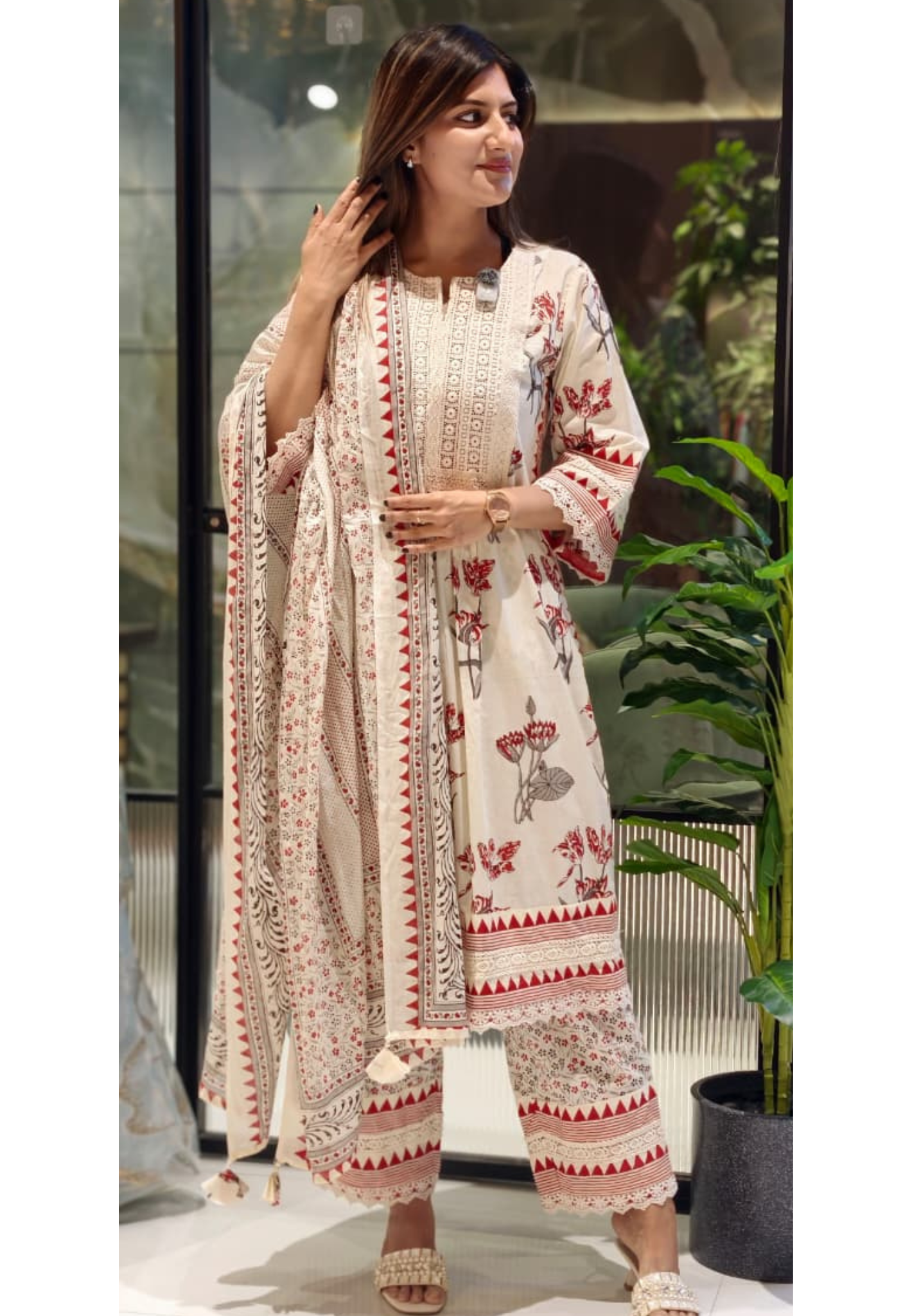 Floral Printed Lace Detailing A-Line Cotton Full Suit Set With Dupatta-15407