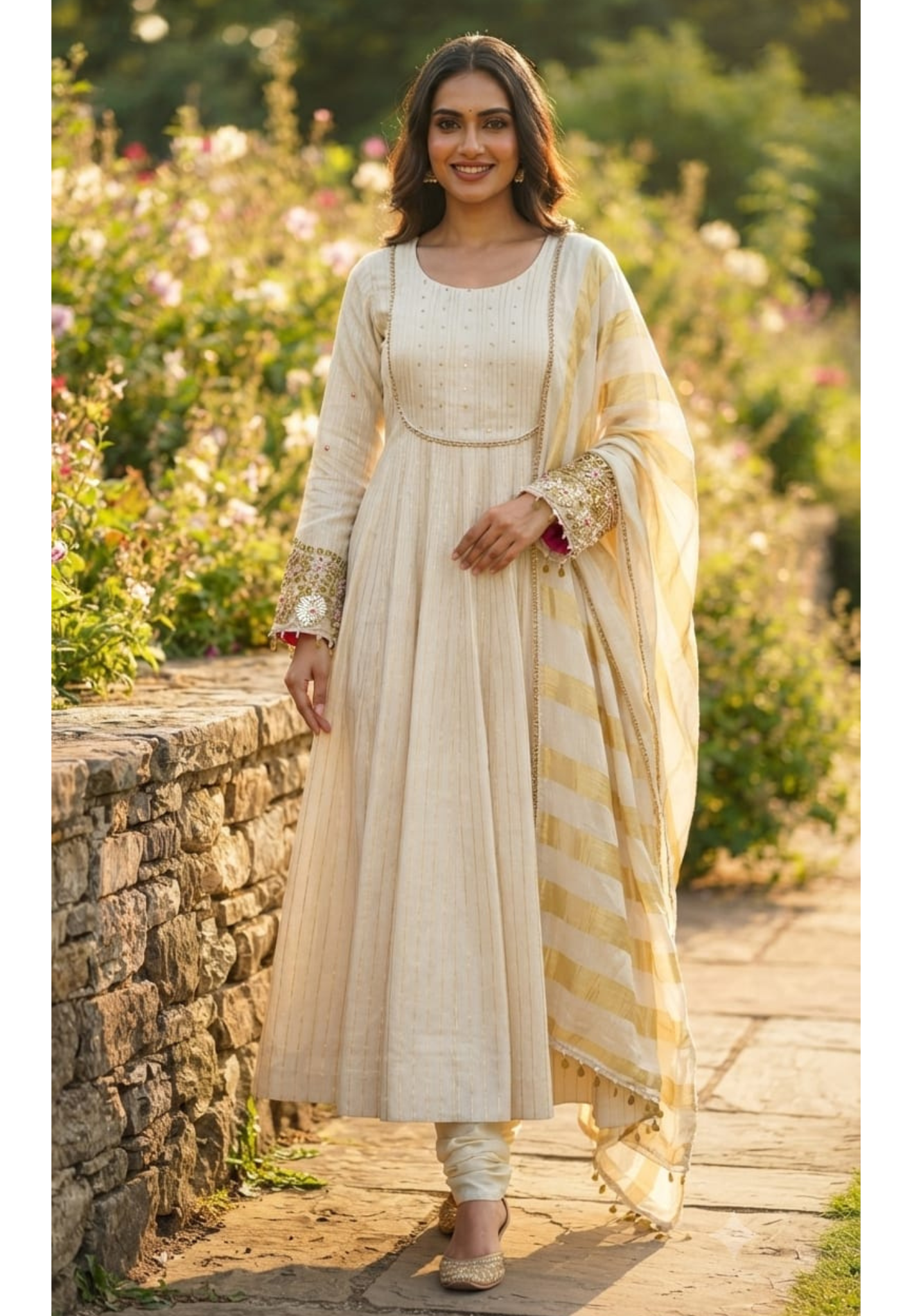 Crush Elegance Golden Lace Highlight & Sequin Handwork Sleeve Tissue Anarkali Full Suit Set With Dupatta- 13611