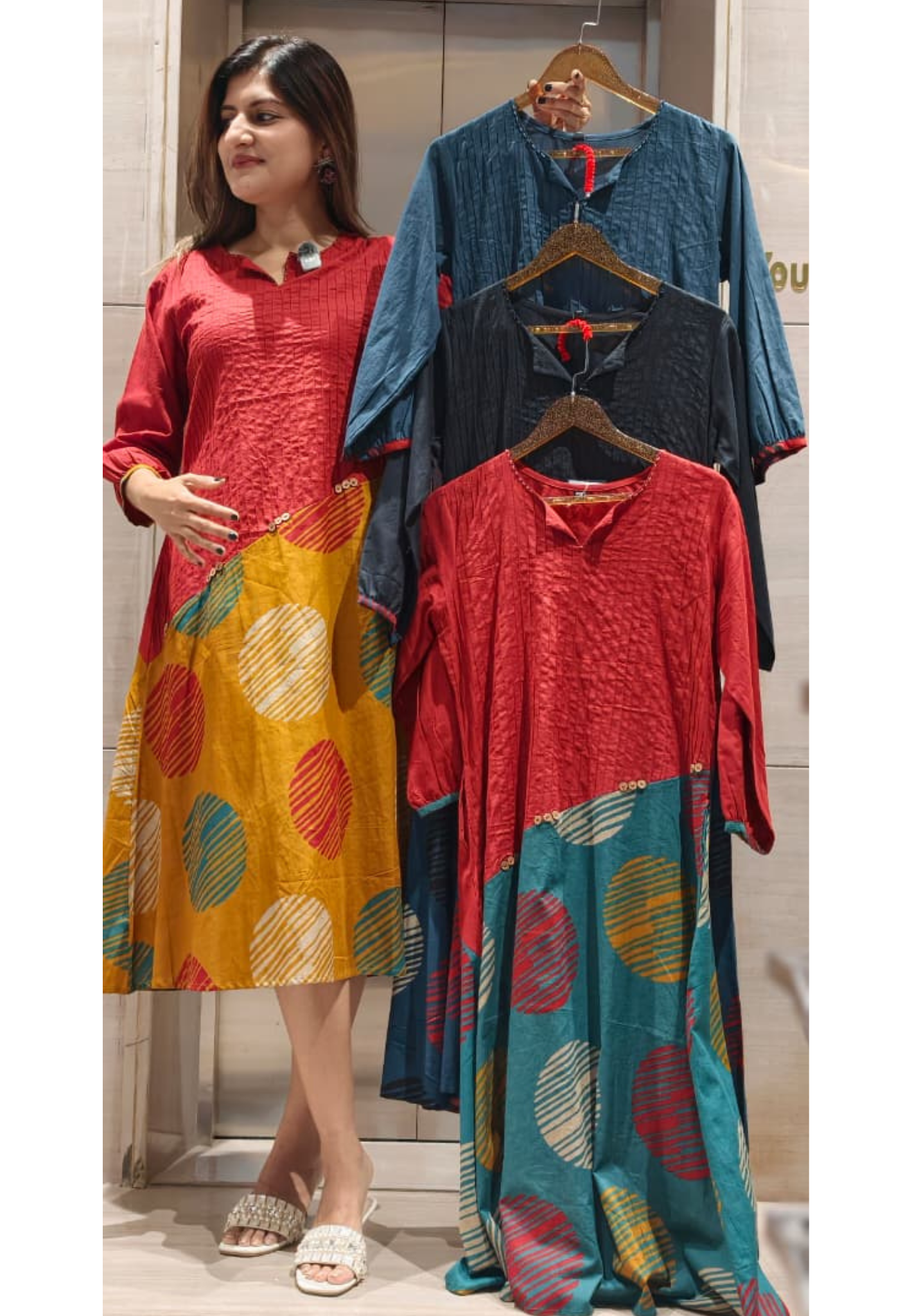 Dual Tone Giant Rounded Patchwork Button Accent Ankle Length Frock- 15180