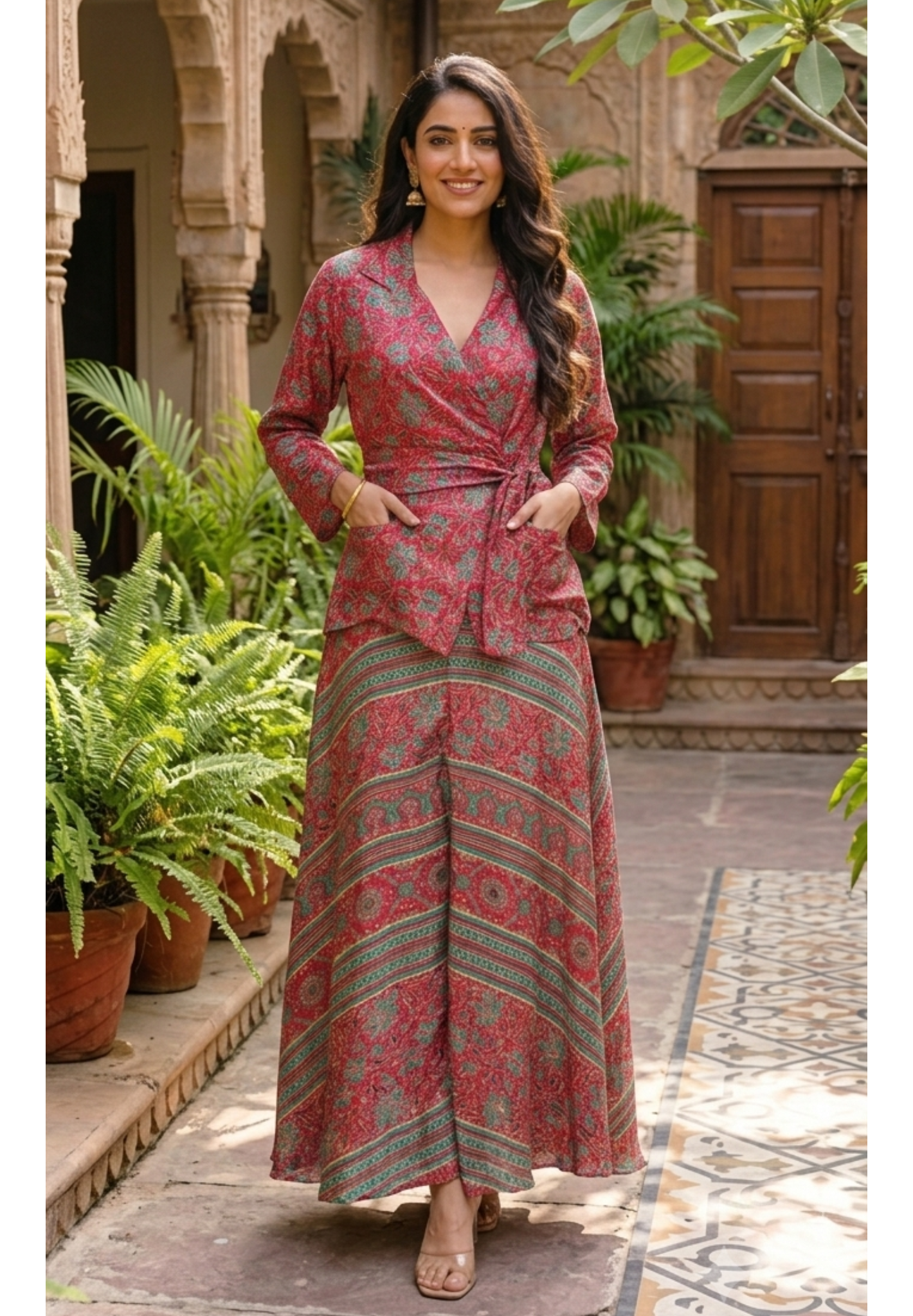 Tiny Floral Block Prints Kimono Style Shiny Modal Satin Indo Wear Top With Flared Bottom- 14947