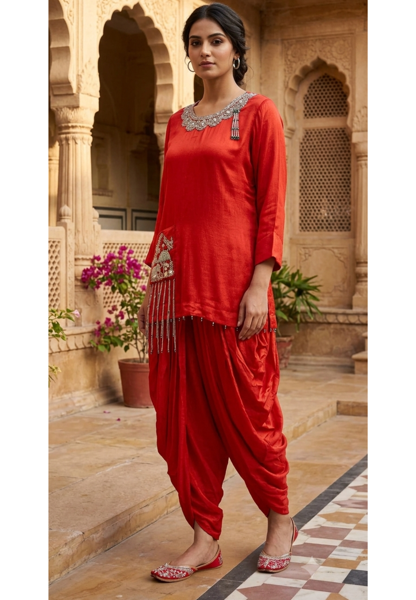 Blunt Orange Jaipuri Sequin Detailing Over Neck & Tasseled Pocket Chinon Indo-Wear- 15012