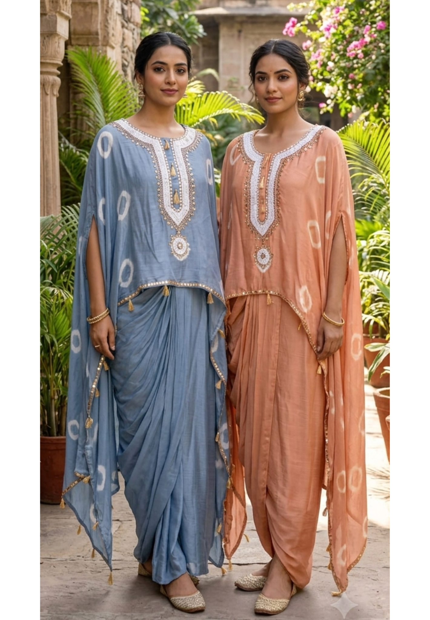 Shibori Print Embellished Kaftan Style Cape Top and Draped Dhoti Skirt Fusion Modal Satin Indo Wear- 15014