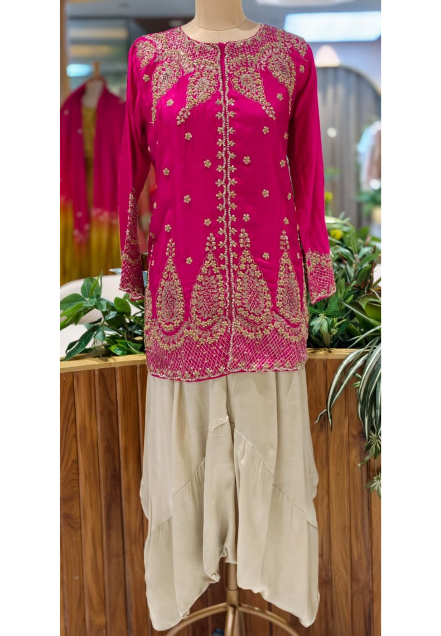 Fuschia Heavy Intricate Placement Embroidery Luxury Russian Silk Indo-Wear Kurta With Harem Pant- 12594