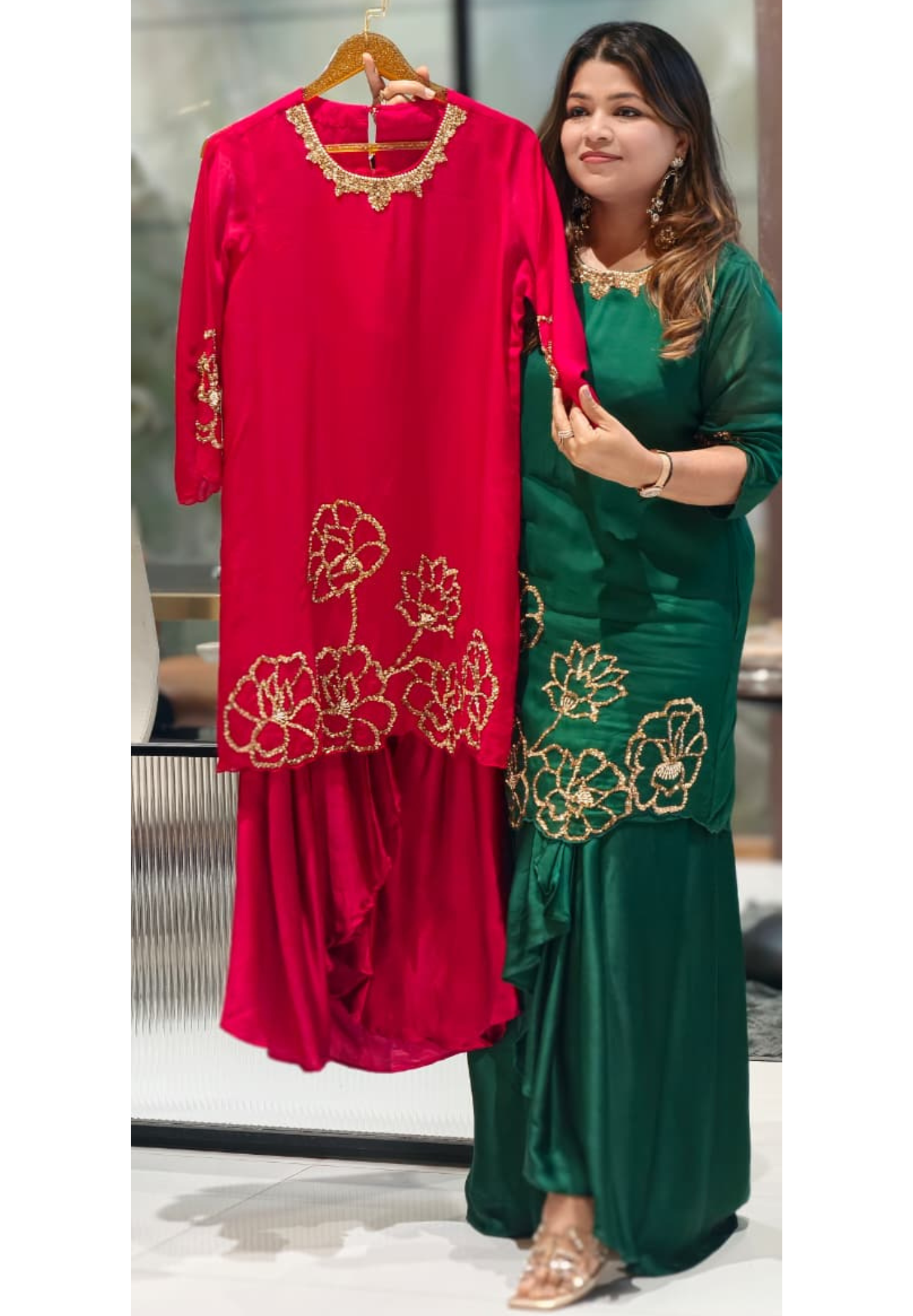 Premium Golden Floral Embellished Kurta with Drape Dhoti Bottom In Modal Satin Fabric- 14959