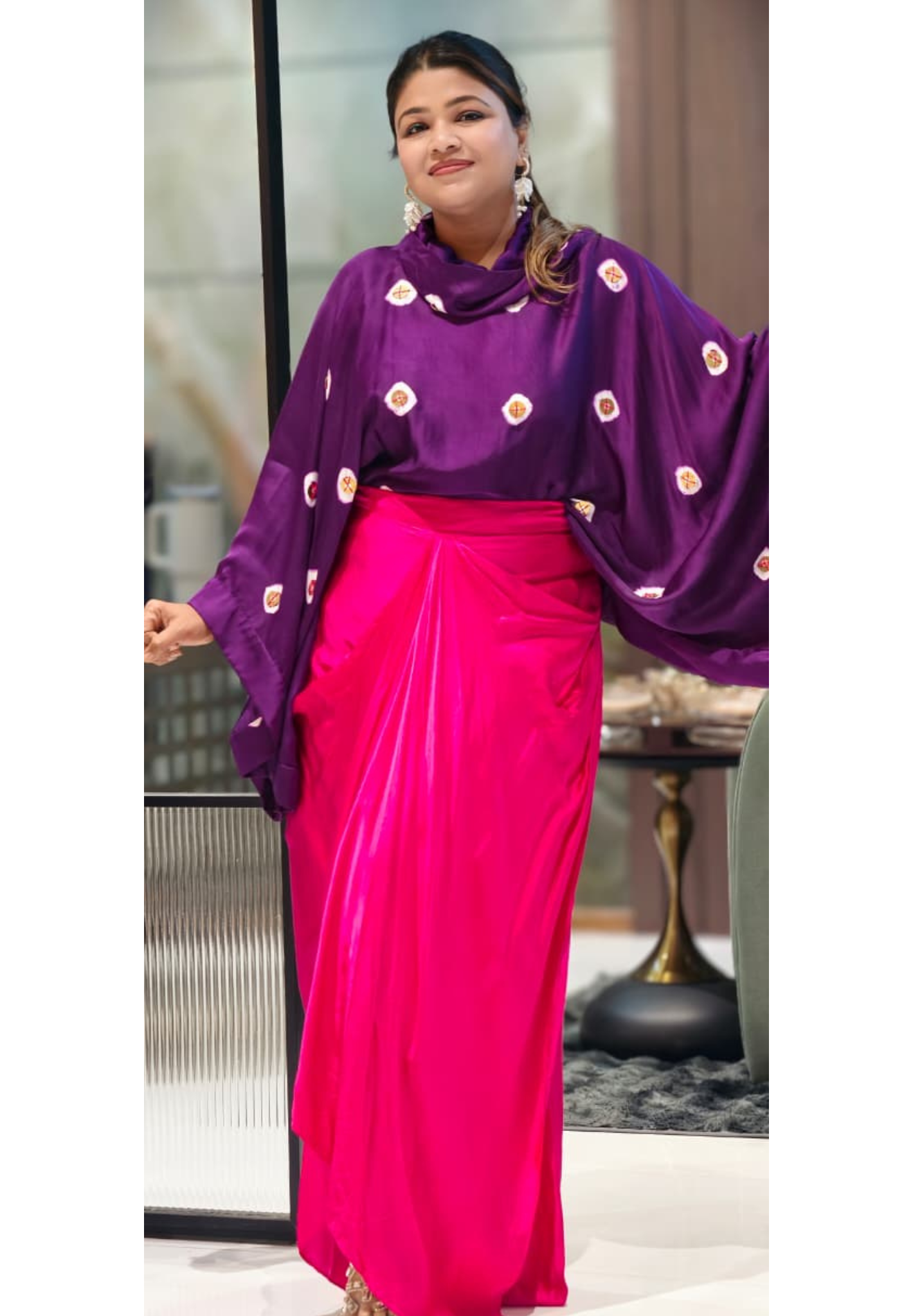 Purple Bandhani Print Cape Top with Fuchsia Pink Dhoti Skirt Bottom Modal Satin Indo-Wear- 14955