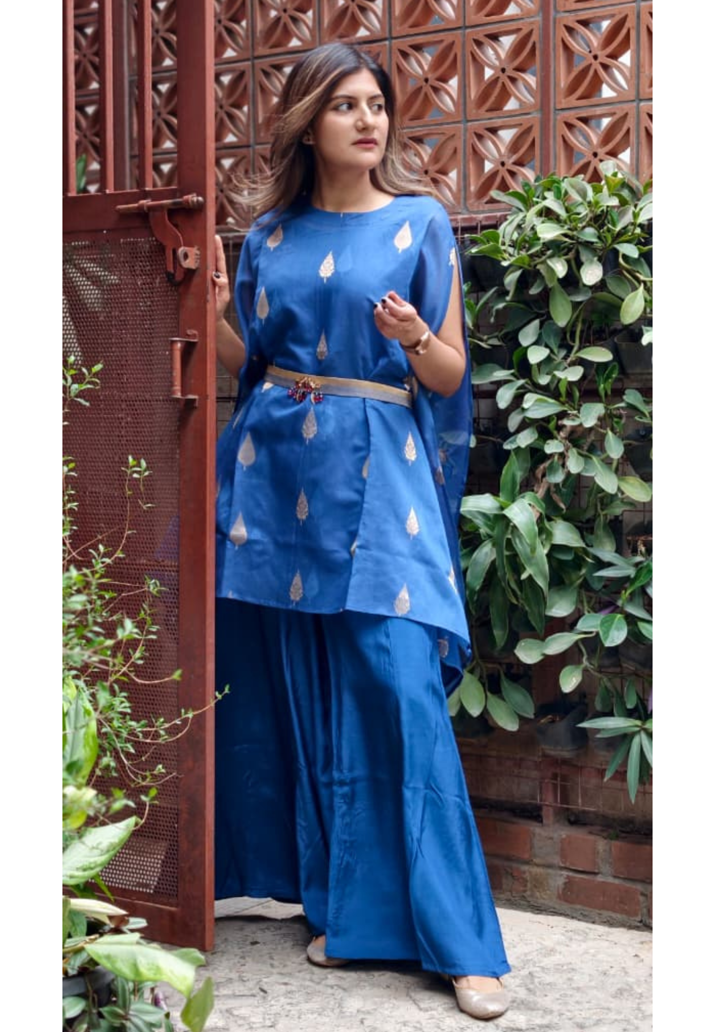 Royal Blue Leafy Brocade Touch Kaftan Look Indo-Western With Bottom & Separate Belt- 13460