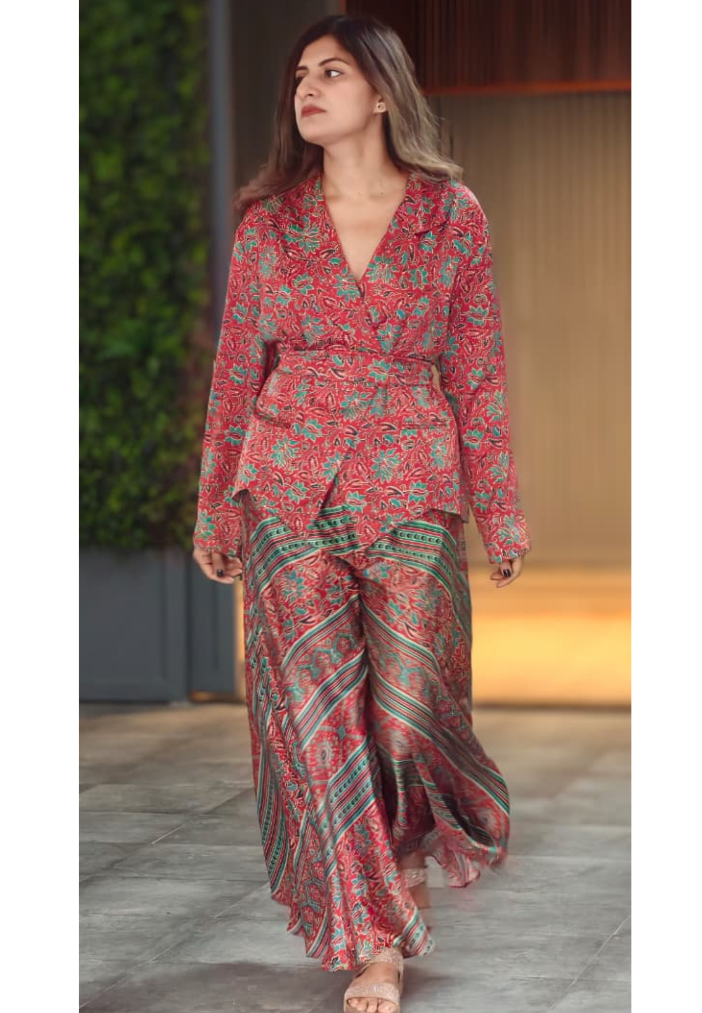 Tiny Floral Block Prints Kimono Style Shiny Modal Satin Indo Wear Top With Flared Bottom- 14947