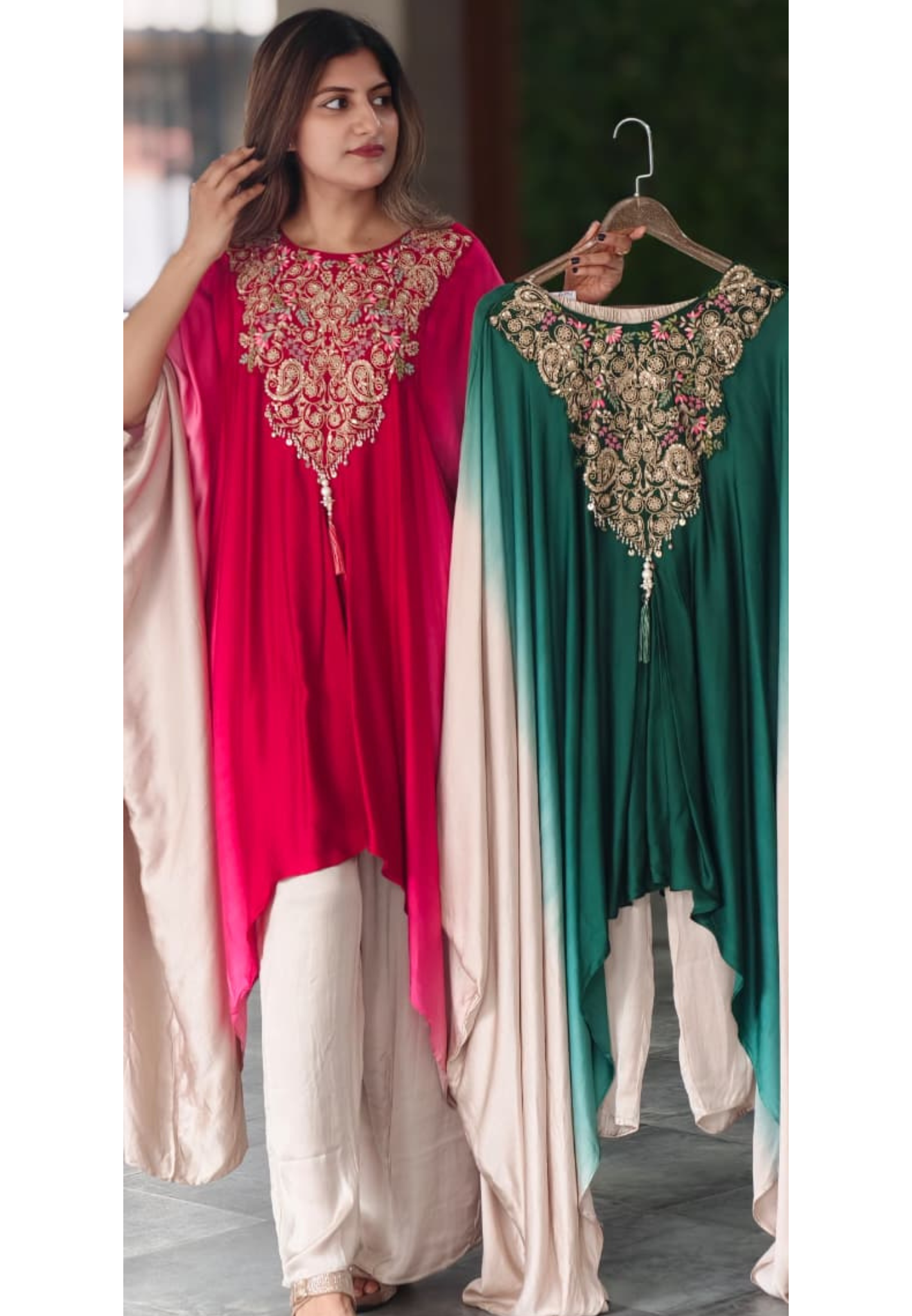 Grand Embroidered Multiple Stunning Ombre Kaftan Style Cape Kurta and Palazzo Fusion Modal Satin Indo Wear- 14953