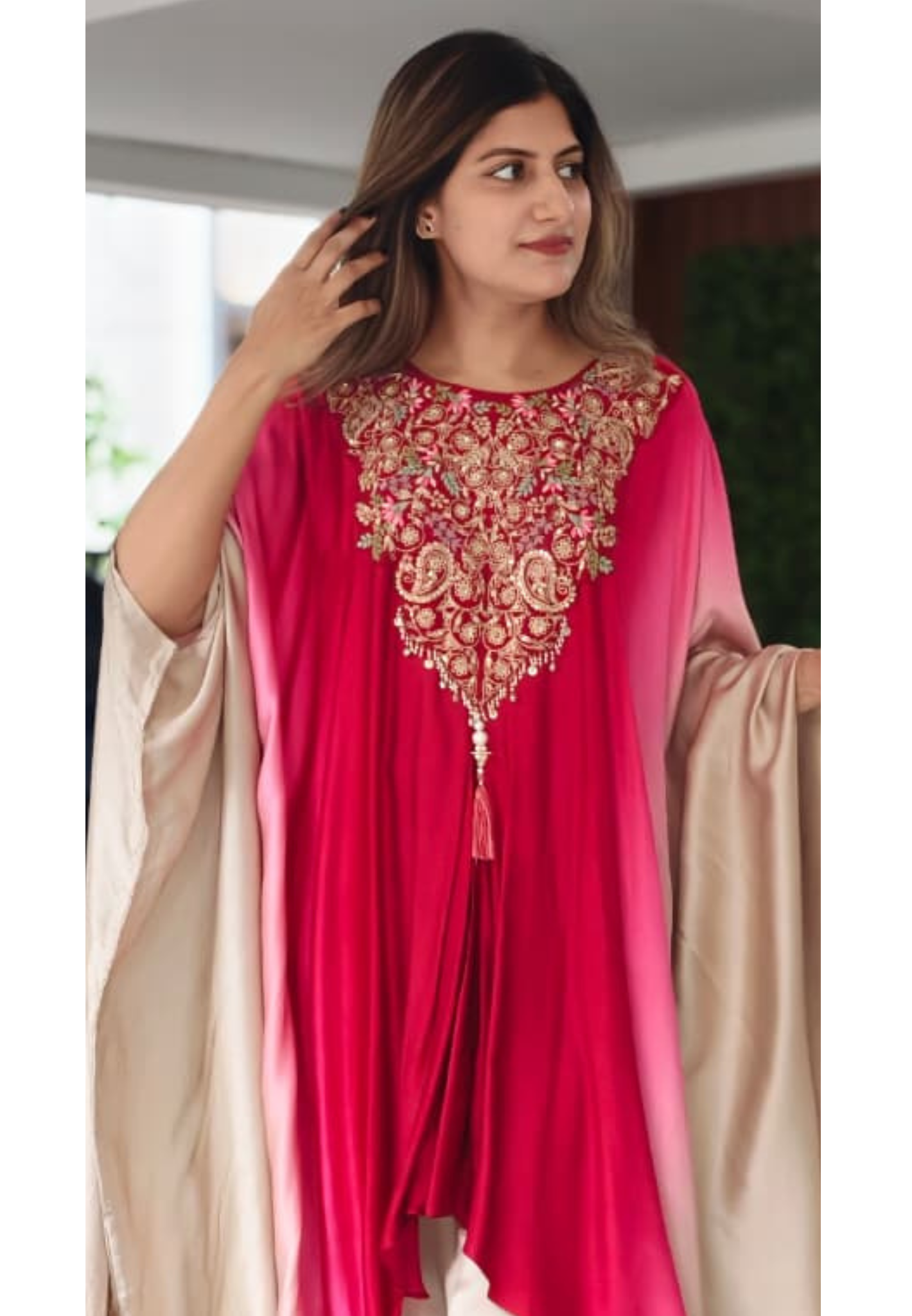 Grand Embroidered Multiple Stunning Ombre Kaftan Style Cape Kurta and Palazzo Fusion Modal Satin Indo Wear- 14953